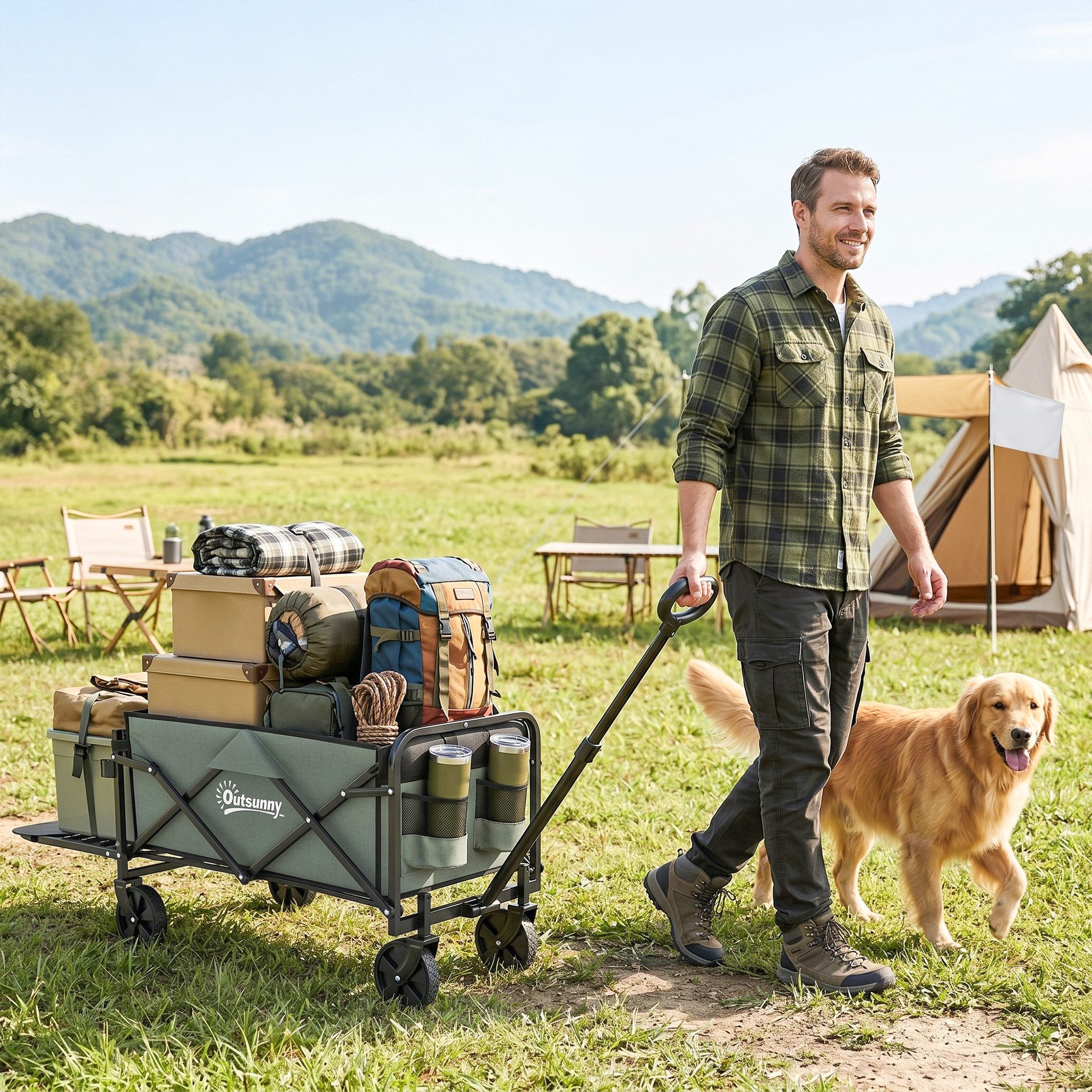 Outsunny Bollerwagen Gartenwagen 90 kg belastbar, klappbar Transportwagen (Gartenwagen 90 kg belastbar, 1-tlg., Transportwagen), 72 Liter Gerätewagen für Haus Garten, Grün
