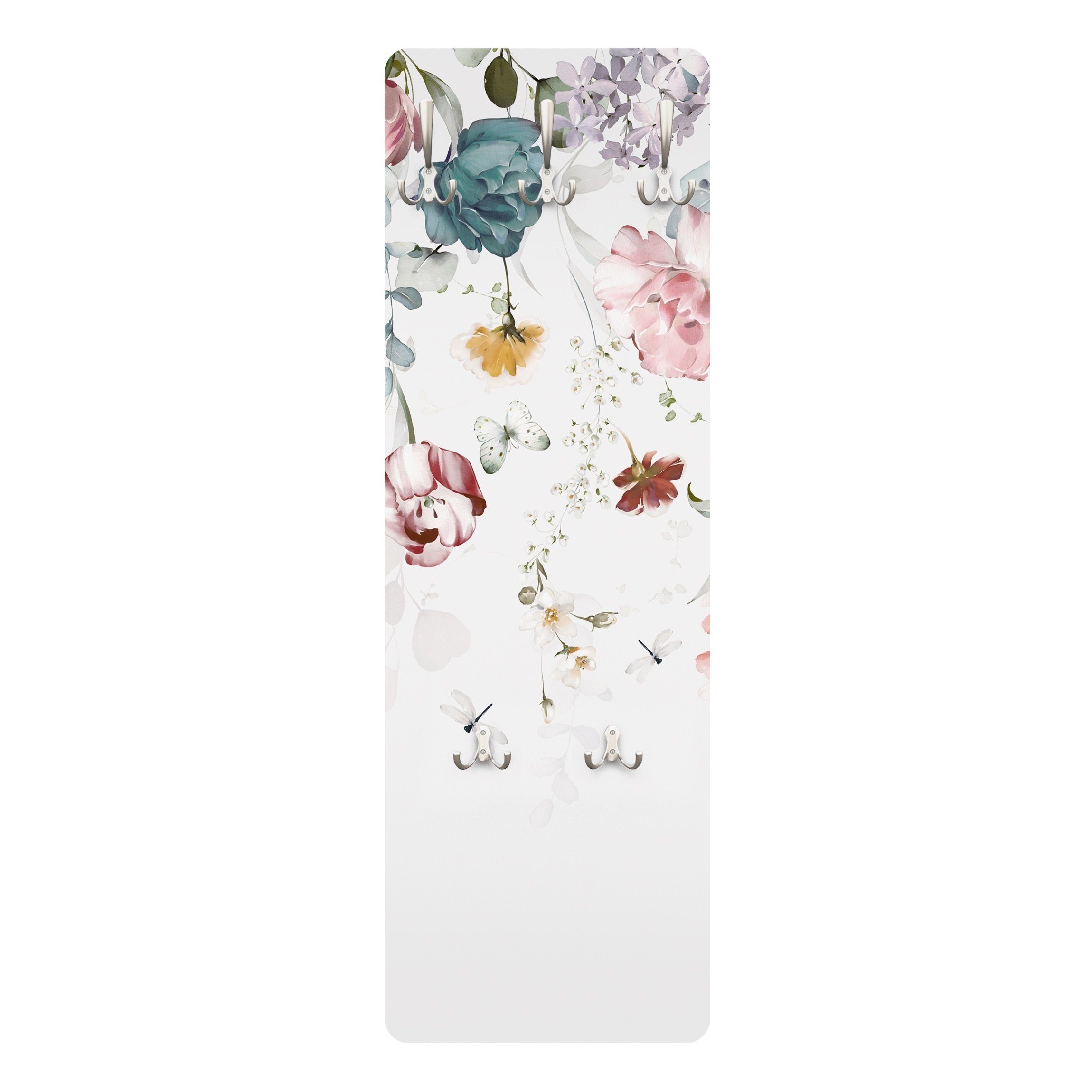 Bilderdepot24 Garderobenpaneel pastell Blumen Floral Tiere Rankende Blumen Schmetterlingen Aquarell (ausgefallenes Flur Wandpaneel mit Garderobenhaken Kleiderhaken hängend), moderne Wandgarderobe - Flurgarderobe im schmalen Hakenpaneel Design