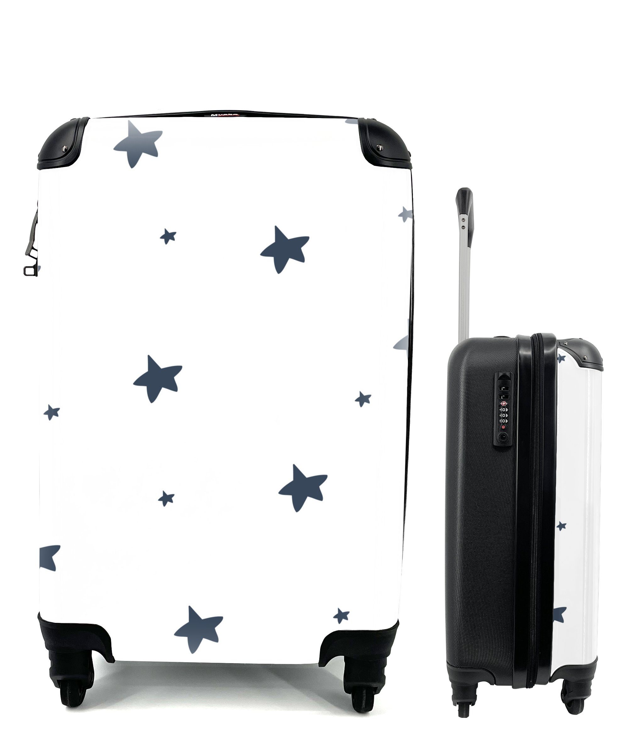 MuchoWow Handgepäckkoffer Illustration mit einem Muster aus dunkelgrauen Sternen auf weißem, 4 Rollen, Reisetasche mit rollen, Handgepäck für Ferien, Trolley, Reisekoffer | Handgepäck-Koffer