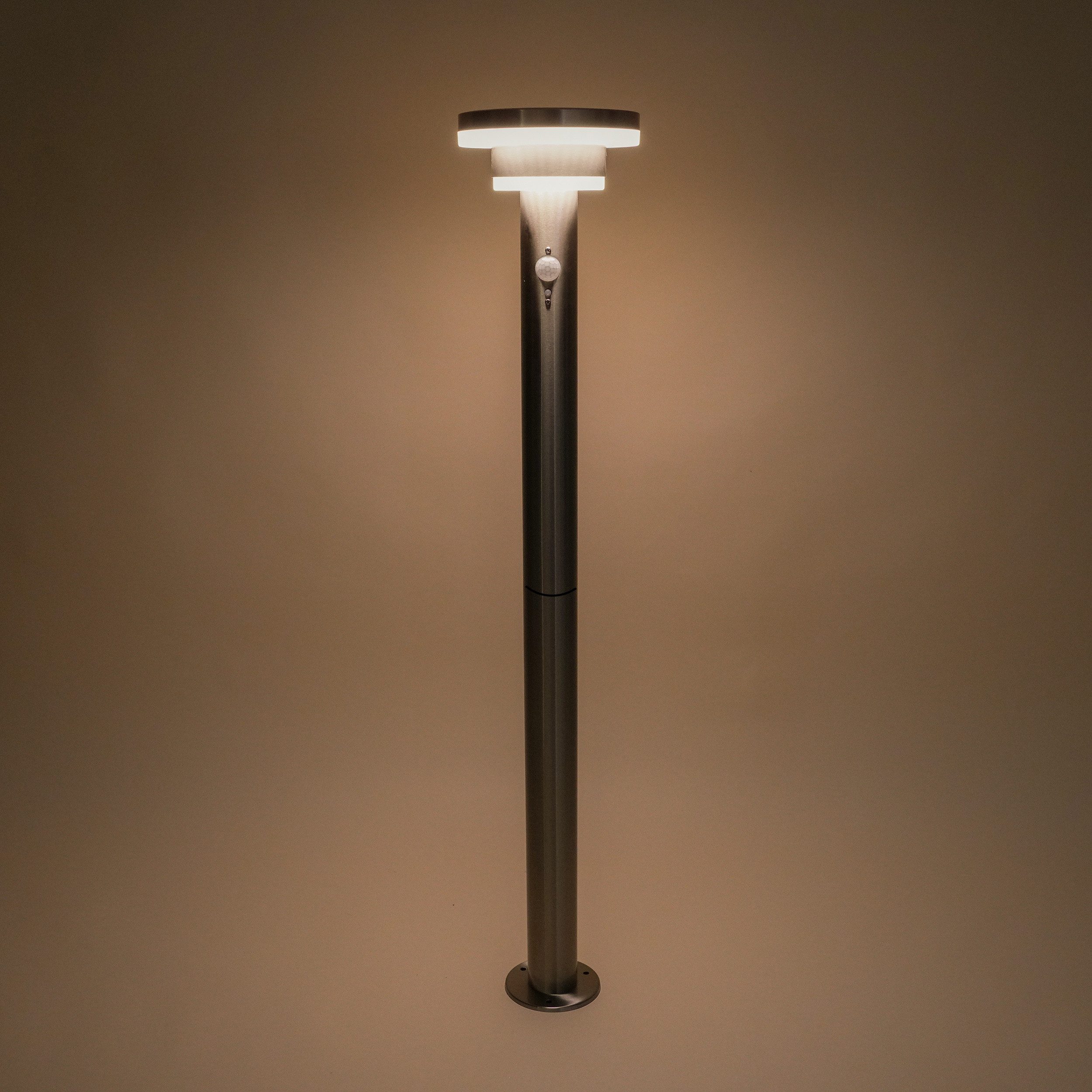 esotec LED Solarleuchte Edelstahl PIR-Standleuchte Modena H86cm 3 Modi 36 LEDs 3000K 102755, LED fest integriert