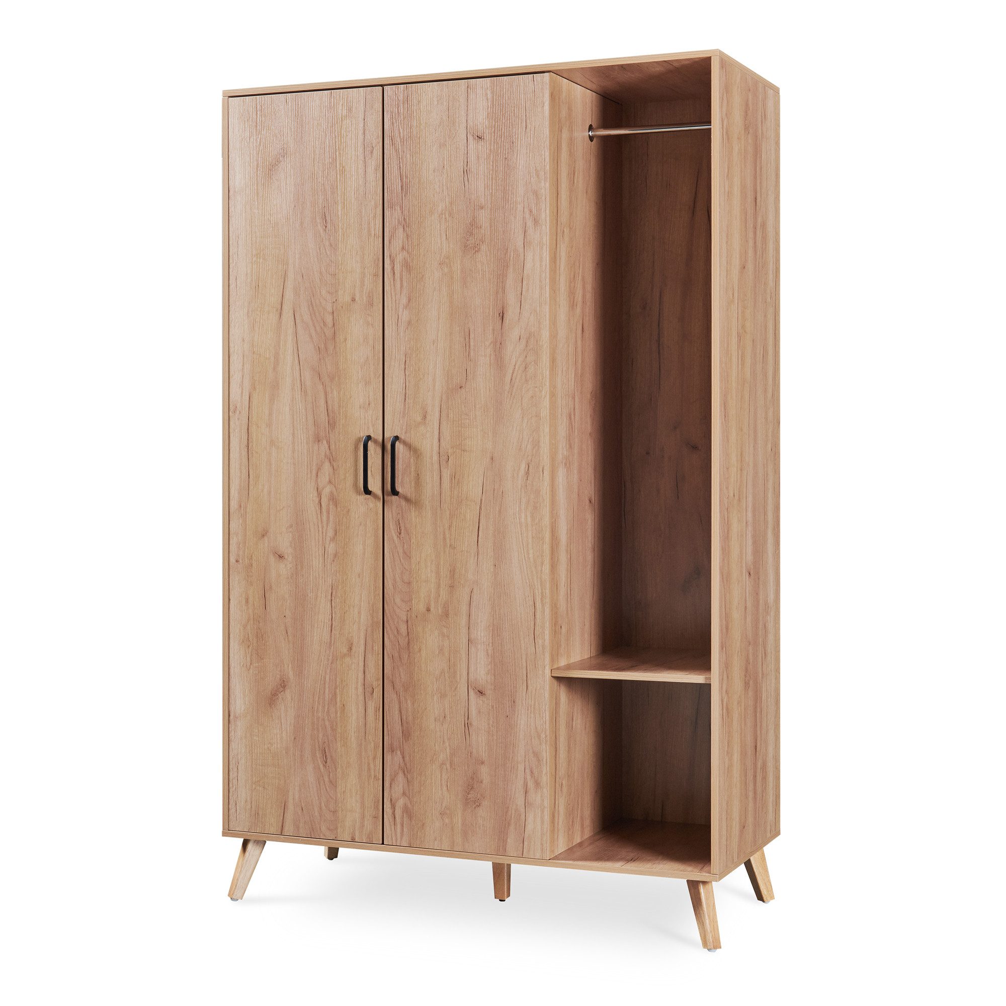 en.casa Kleiderschrank »Norg« 191 x 120 x 52 cm 2 Türen 1 Stange 5 Fächer Eicheoptik