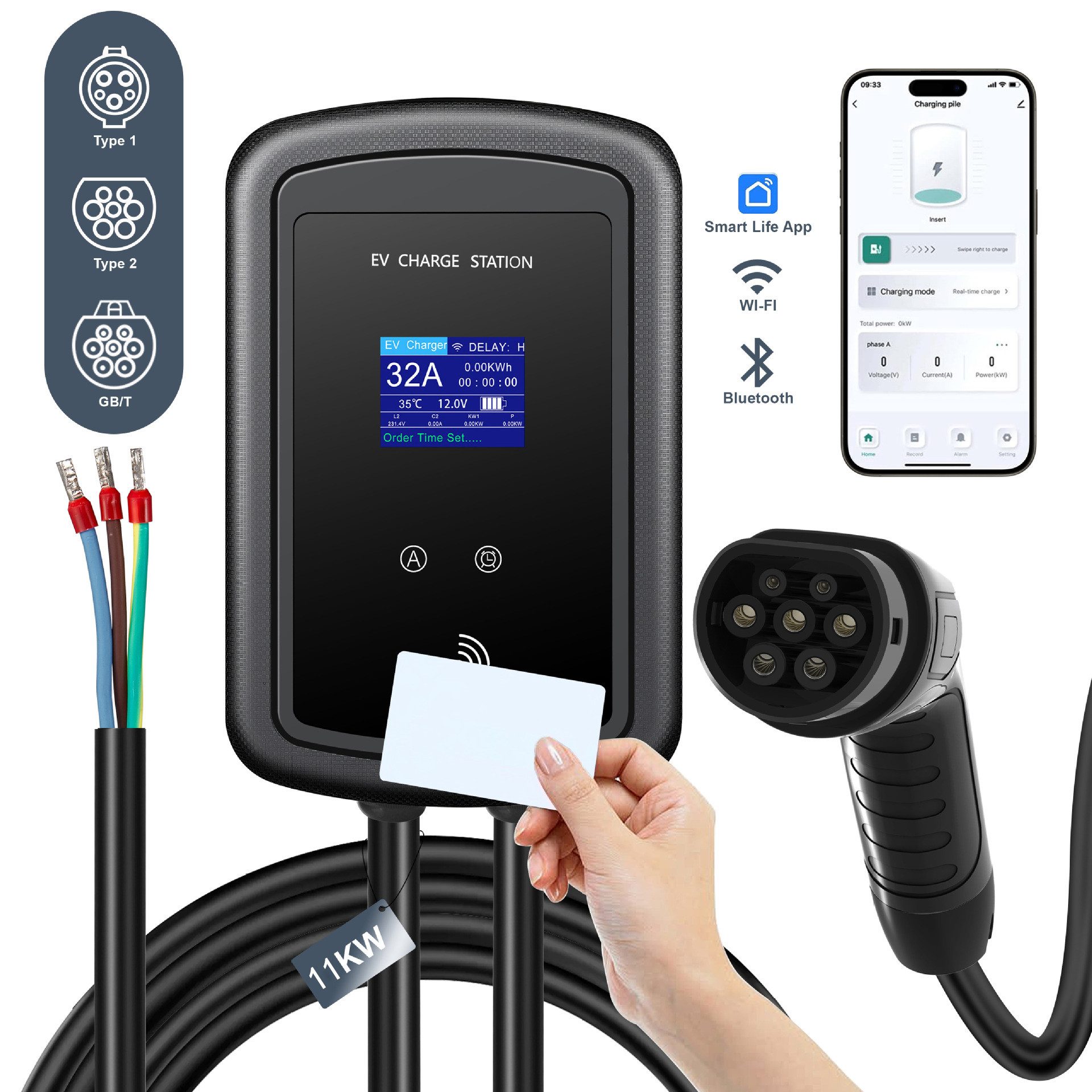 Tekoo Elektroauto-Ladestation Elektroauto-Ladestation, 11kW Wallbox, 3-Phasig, Typ 2, App & RFID, Wallbox 11kW / 16A, 3-phasig, Komplettset, Inklusive 5m Ladekabel, 2x RFID-Karten und Montagematerial, App-Steuerung via Smart Life, Echtzeit-Ladedatenanzeige