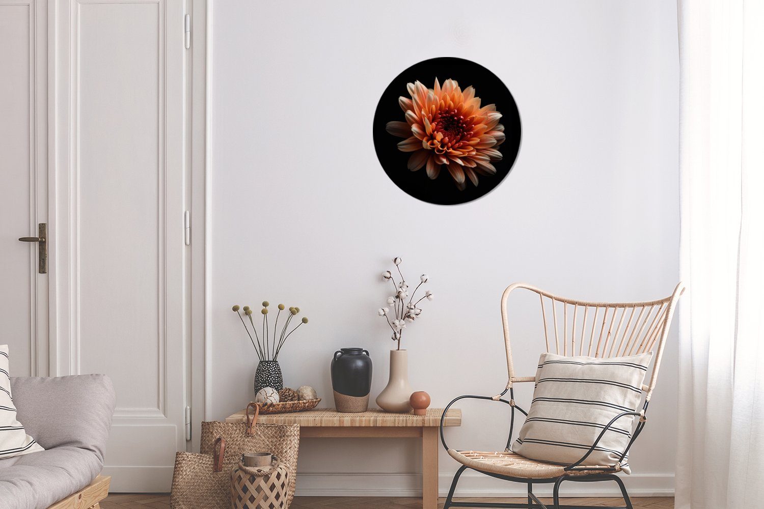 - Wandsticker Natur - Chrysantheme - MuchoWow Kinderzimmer, - Wohnzimmer (1 Rund, Blumen Tapetenkreis Schwarz Tapetenaufkleber, für Orange St),