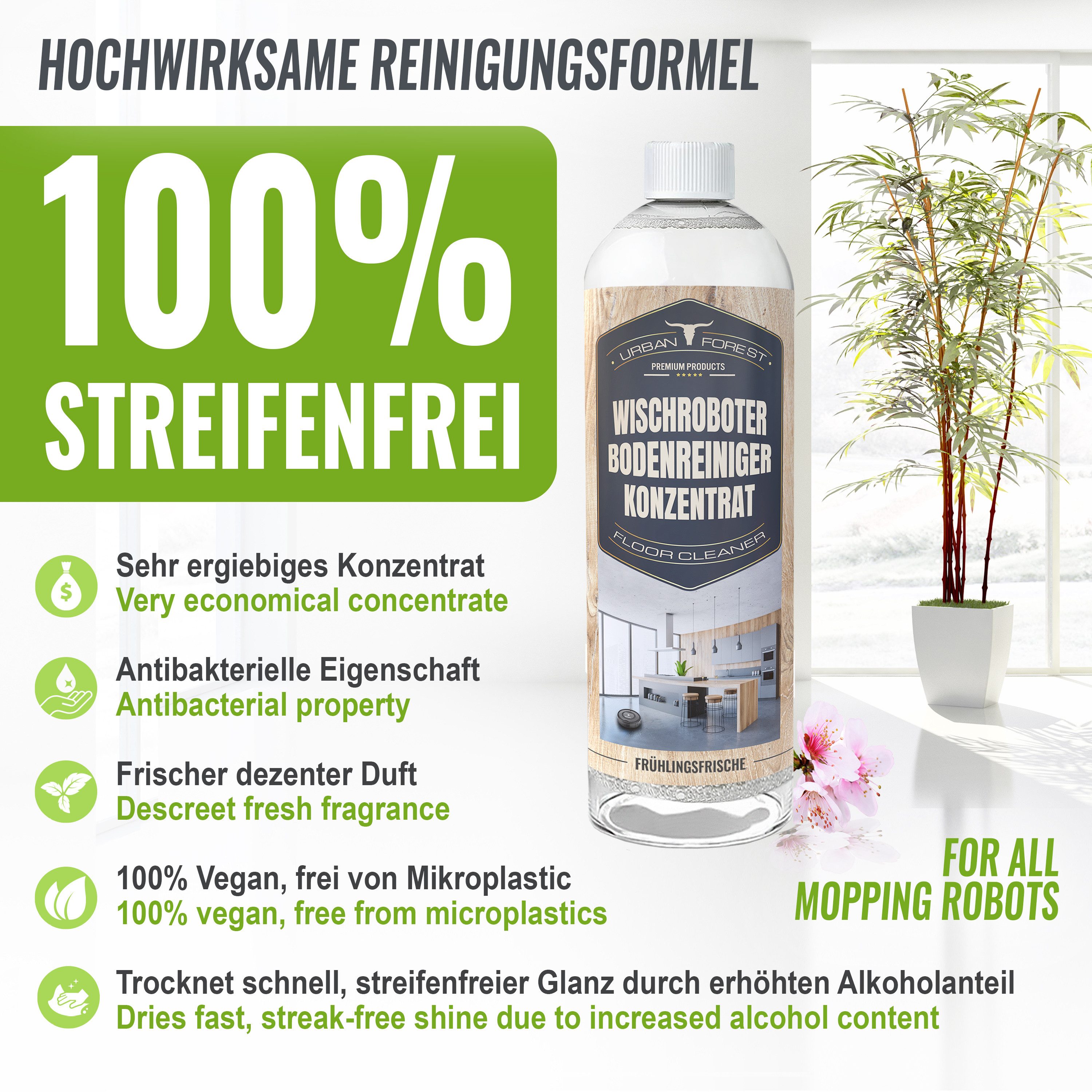 URBAN FOREST Bodenreiniger für Wischroboter Frühlingsfrische + Dosierer Fussbodenreiniger (1-St. 1000)