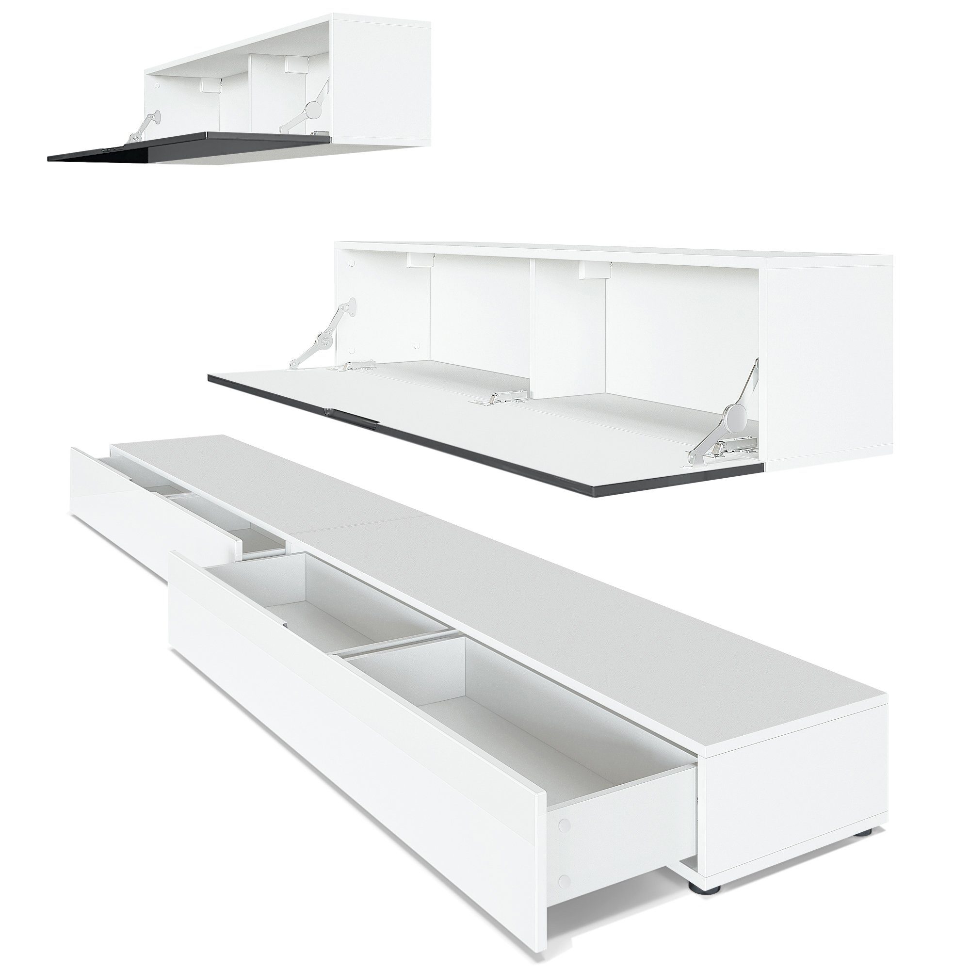 Vladon Wohnwand Nublo, (Anbauwand, mit Rückwand mit 2 Klappen und 2 Sockelelementen), Korpus Weiß matt, Weiß glänzend/Brombeer glänzend (280x147x39 cm)