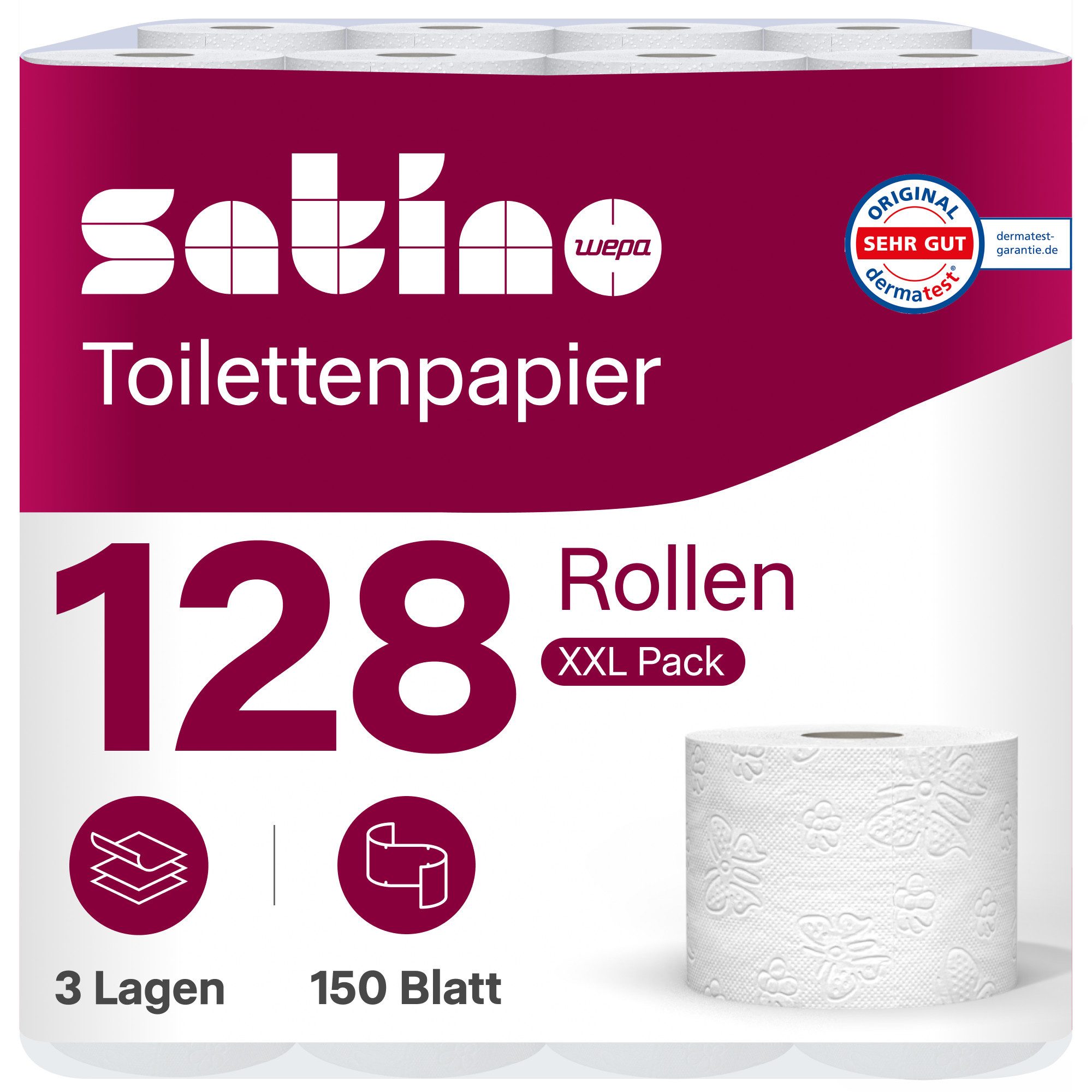 Satino Toilettenpapier 3-lagig - 128 Rollen (128-St. 128 Rollen á 150 Blatt)