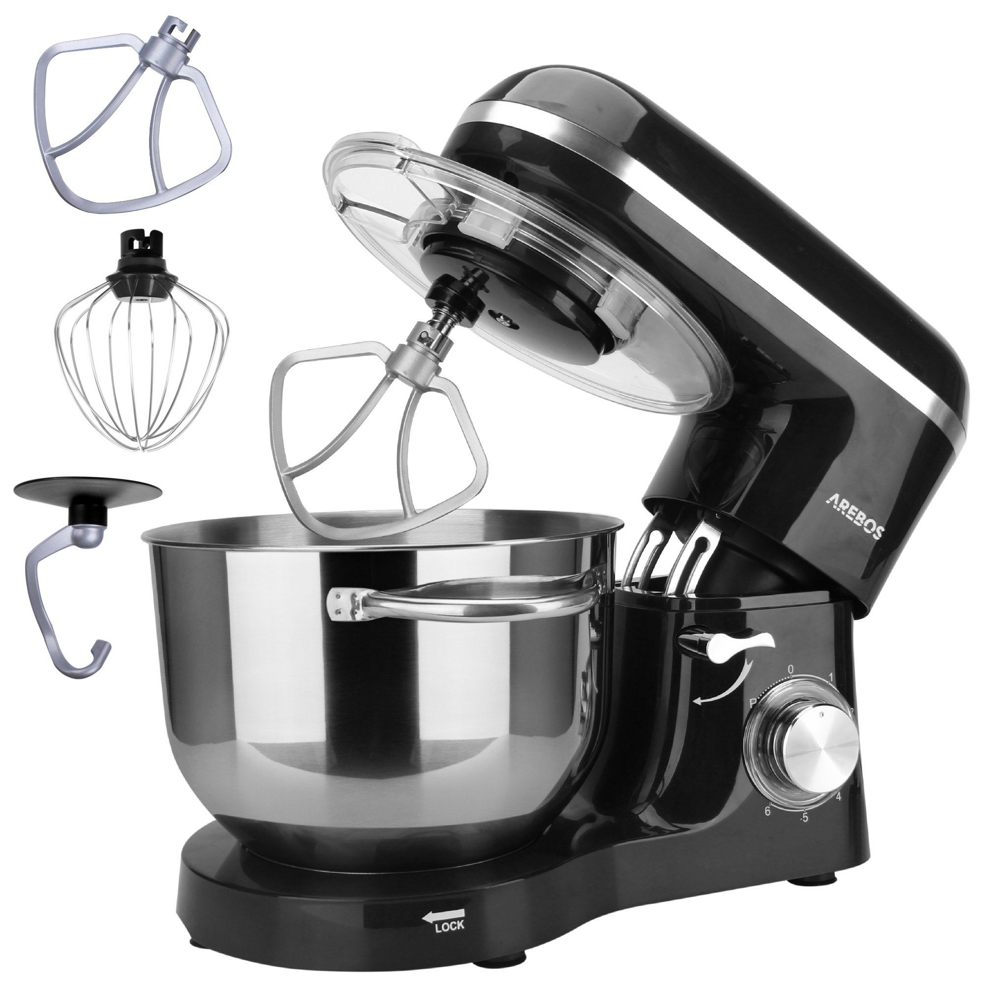 Arebos Küchenmaschine 6L Edelstahl-Rührschüssel, 1500 W, inkl. Rührhaken, Knethaken, Schneebesen, Spritzschutz