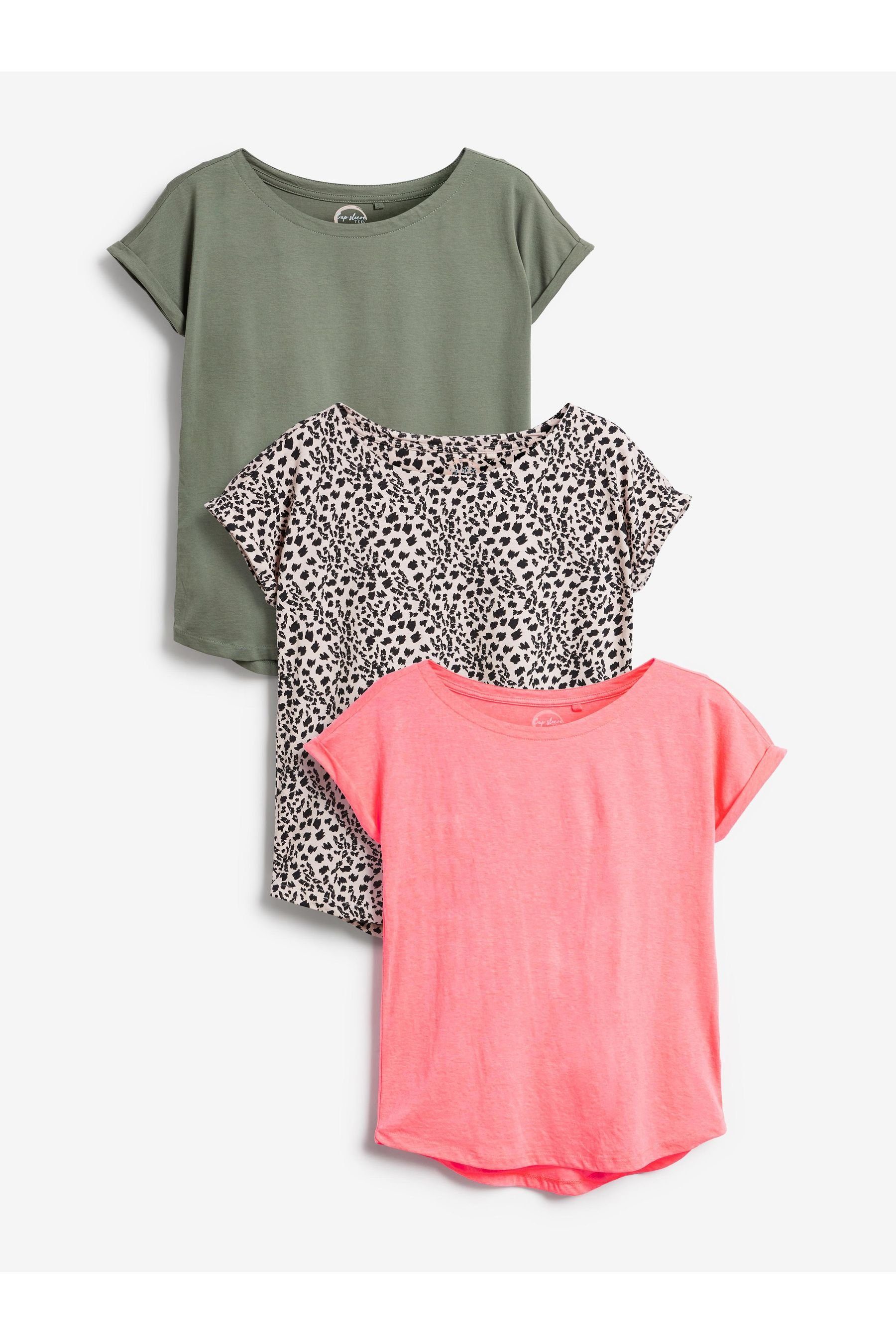 mit T-Shirts Flügelärmeln, 3er-Pack (3-tlg) Pink Khaki/Animal/Fluro Next T-Shirt