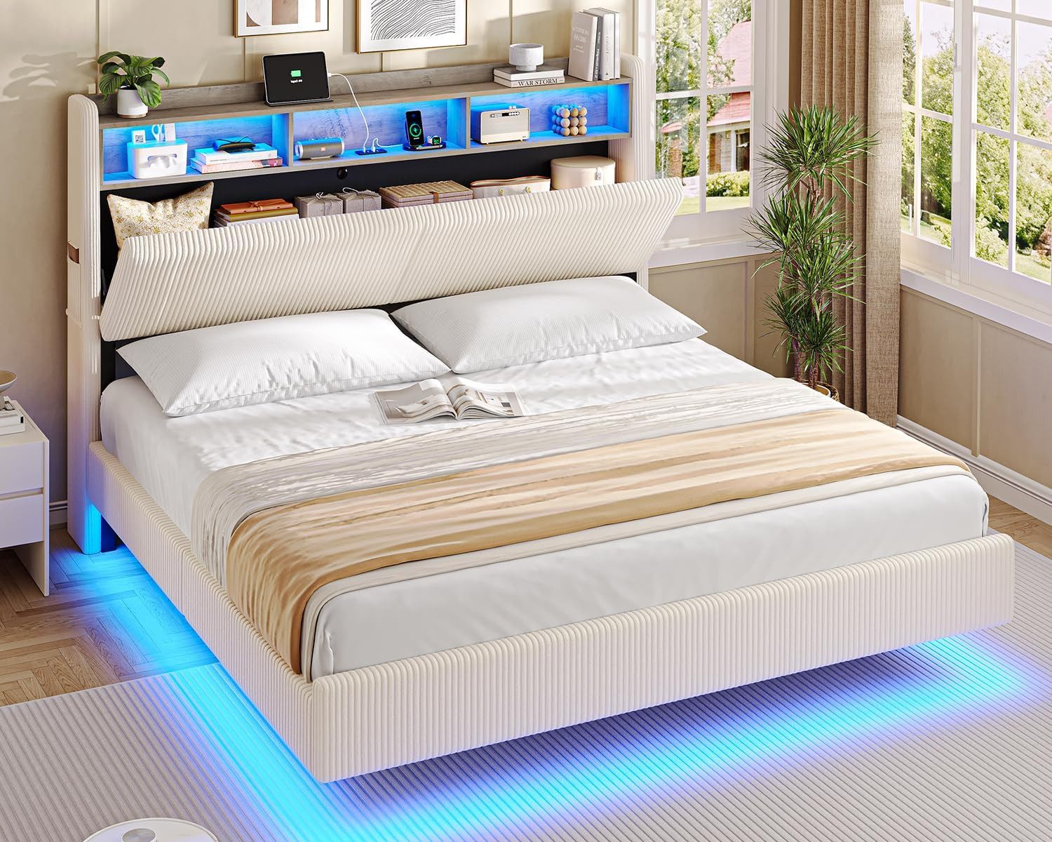 MSMASK Polsterbett Schwebebett mit 270°-LED-Beleuchtung, USB & Type-C Ladestation (Ohne Matratze), Doppelbett mit Stauraum-Kopfteil 180x200 cm