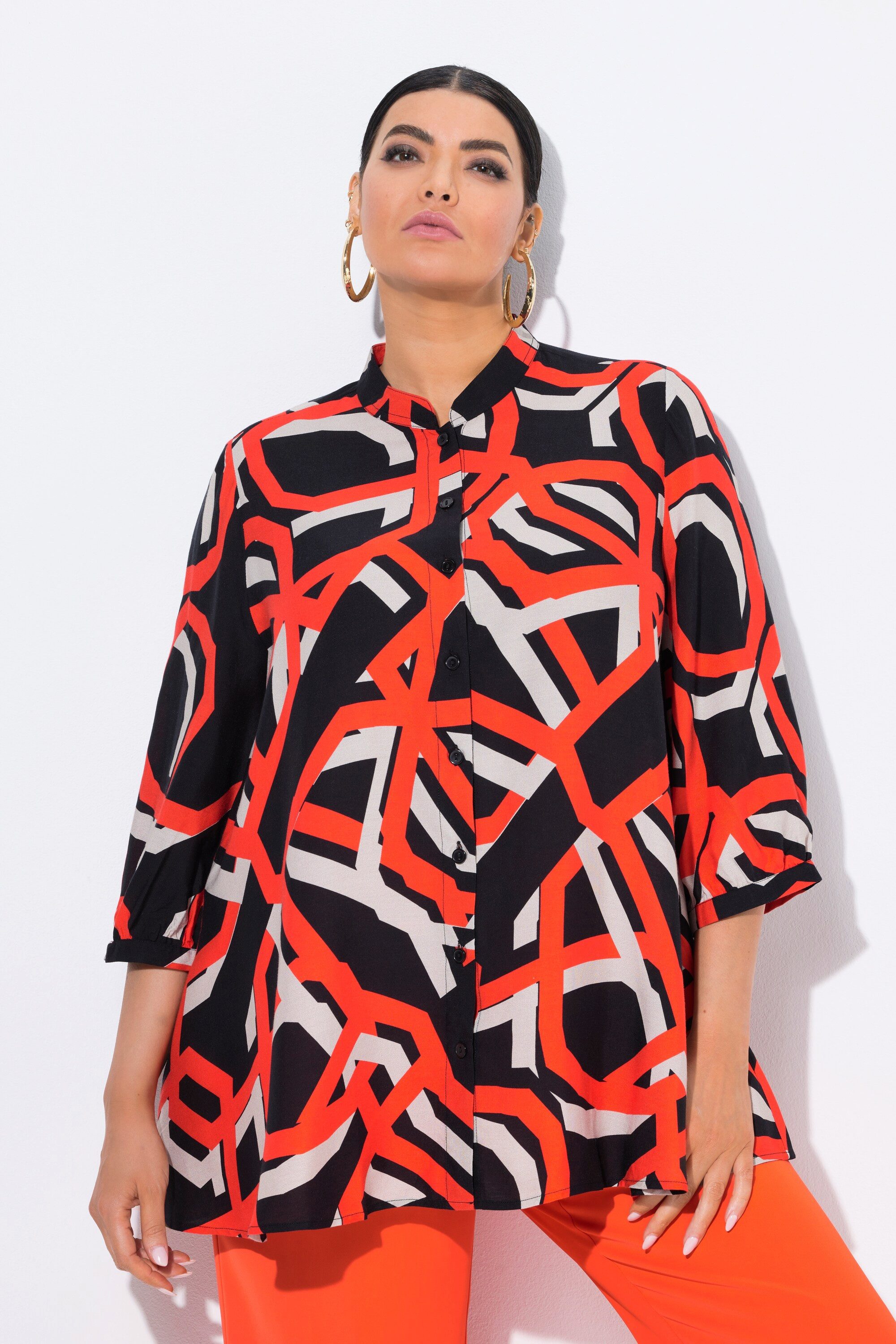 Longbluse Chiffonbluse A-Linie Stehkragen 3/4-Arm
