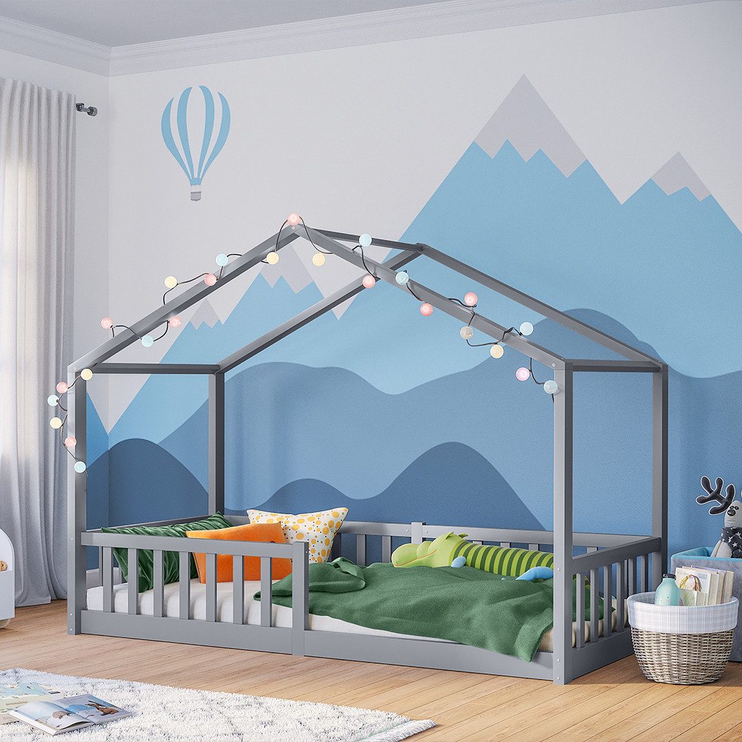 Bellabino Hausbett Bia mit Rausfallschutz und Lattenrost (hellgrau, optional mit Matratze), Bodenbett verfügbar in 80x160 & 90/120/140x200 cm