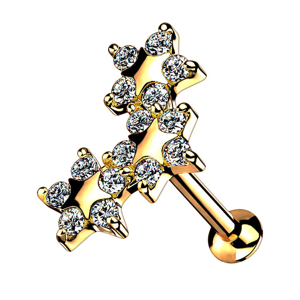 Piercing-Set Tragus Labret Piercing Stecker flach Kristall Sterne Gold 8mm