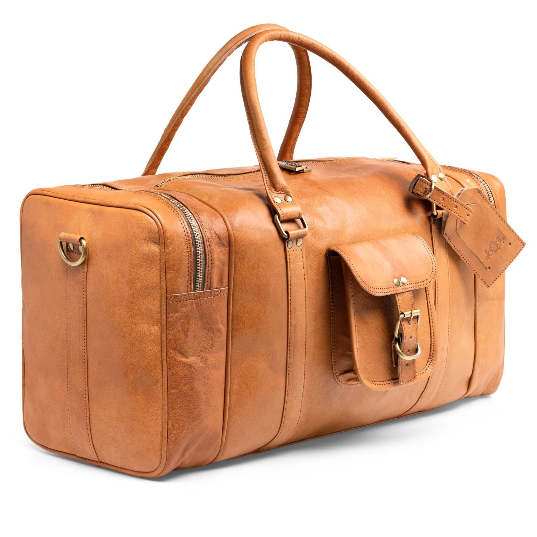 SID & VAIN Reisetasche Weekender aus Leder Unisex LANDON in hellbraun (1x Reisetasche, 1x Schultergurt, 1x Dustbag, 1x Adressanhänger), Hochwertige Reisetasche Ziegenleder 50 cm in hellbraun