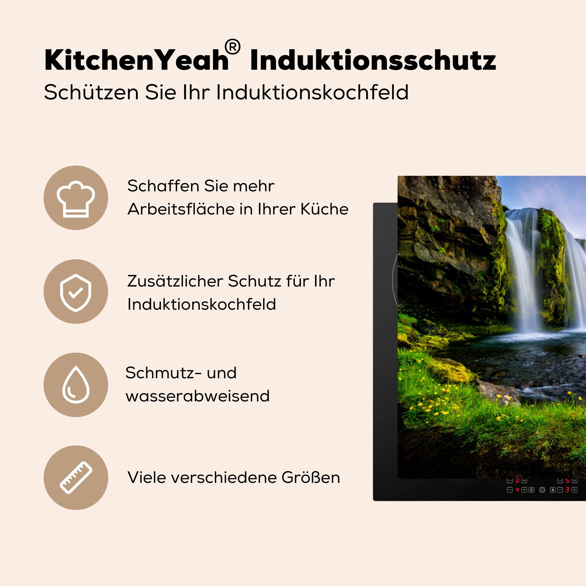 küche, Schutz 81x52 Wasserfall die für Induktionskochfeld (1 cm, Ceranfeldabdeckung Vinyl, tlg), Island, Herdblende-/Abdeckplatte MuchoWow in