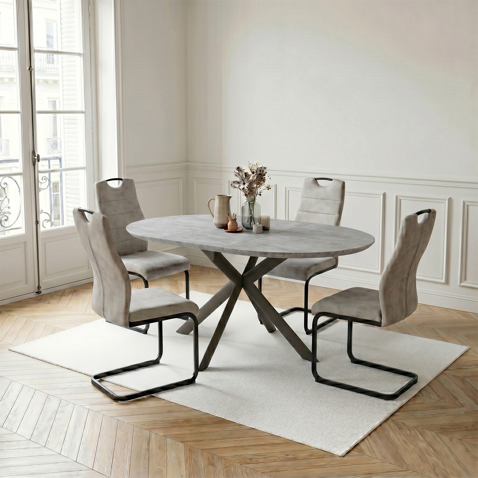 Jiexi Essgruppe Essgruppe ausziehbar rund bis oval MDF Tisch mit Freischwinger