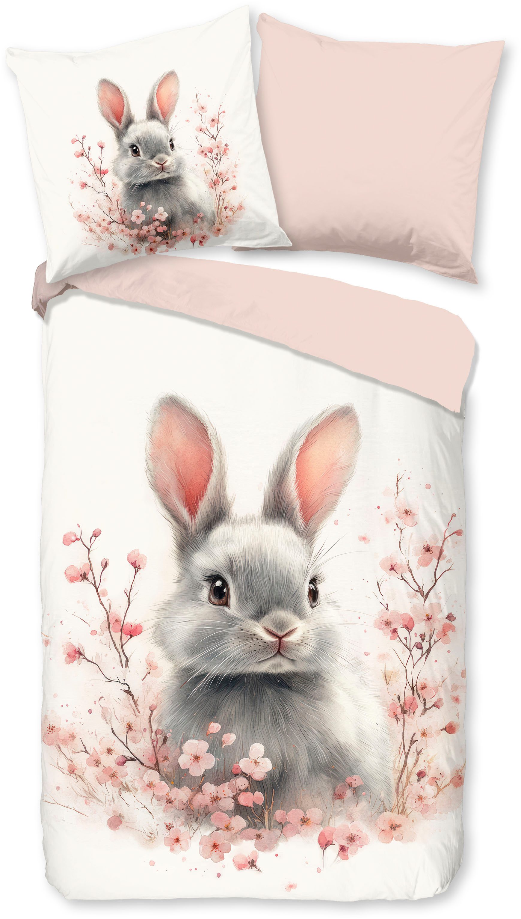 good morning Kinderbettwäsche Fien, Renforcé, 2 teilig, Baumwolle, Renforcé, 135x200, Wendeoptik, Kind, Mädchen, Kaninchen