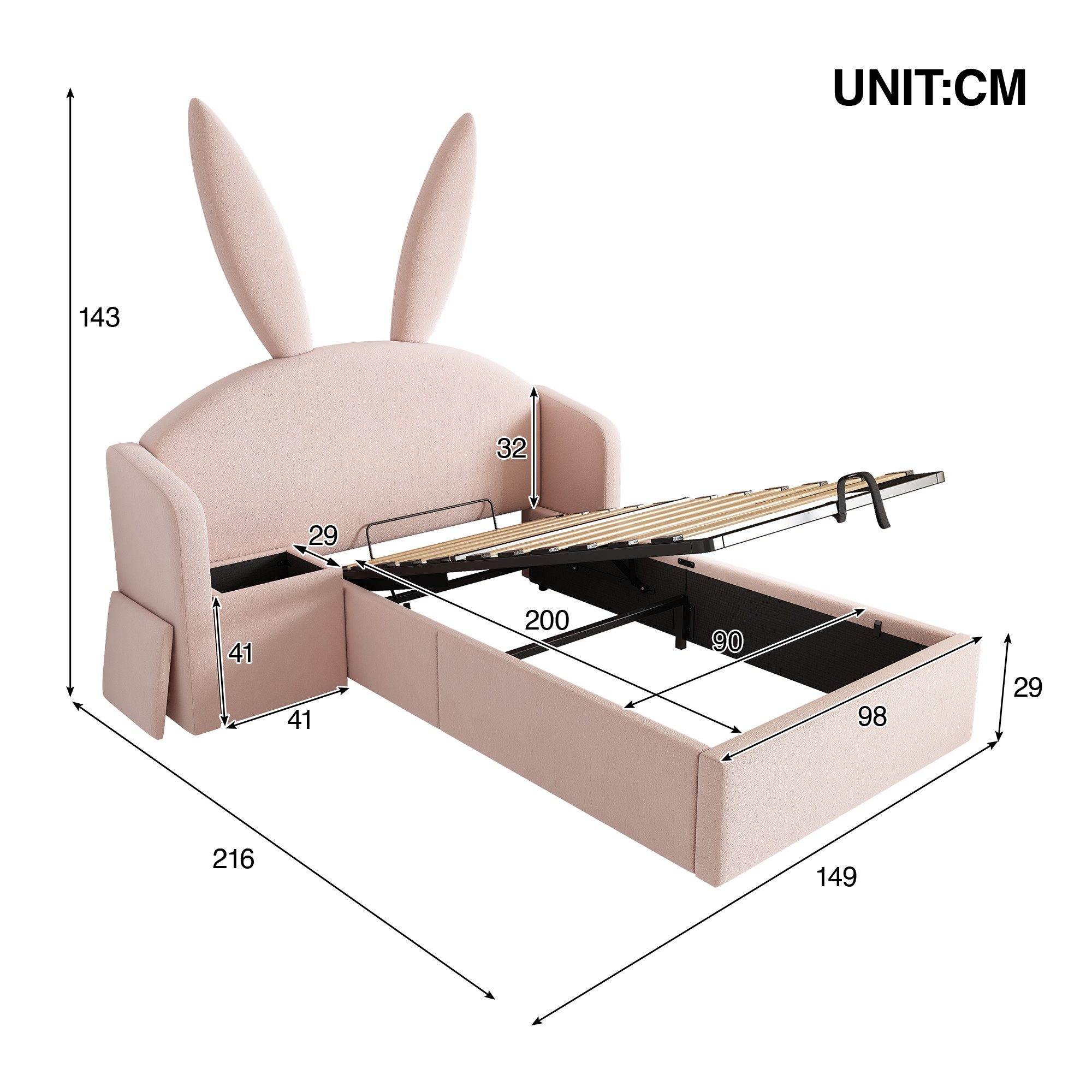 REDOM Polsterbett Samt-Kinderbett mit weichem Kopfteil (Packung, Rosa, 90x200 cm, ohne Matratze), Stauraum & Nachttisch integriert