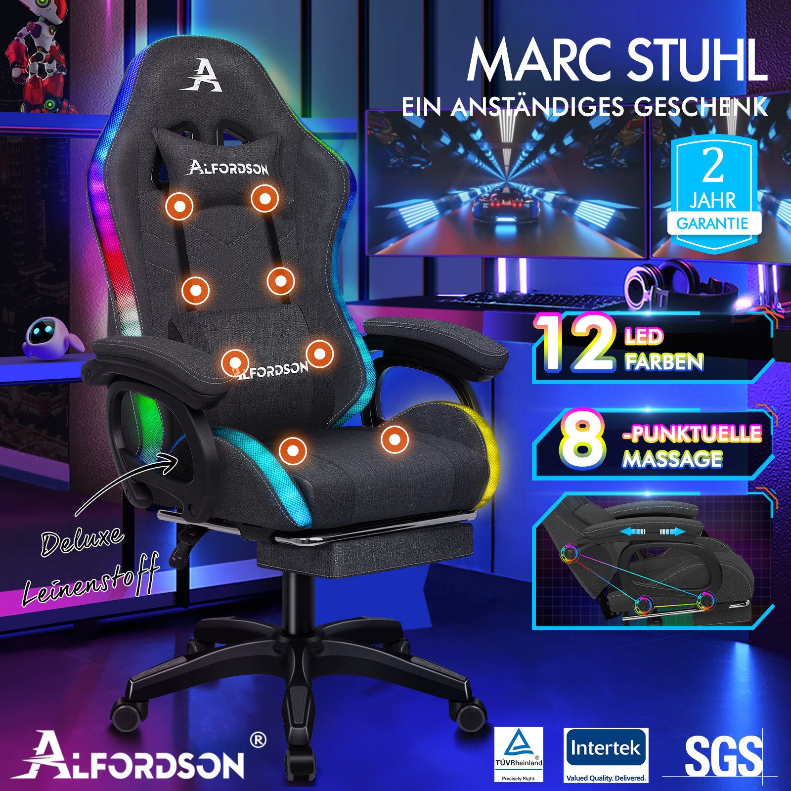 ALFORDSON Gaming-Stuhl mit 8-Punkt-Massagefunktion, mit RGB-Beleuchtung, mit Lendenwirbelstütze und Kopfstütze, Stoff, Dunkelgrau