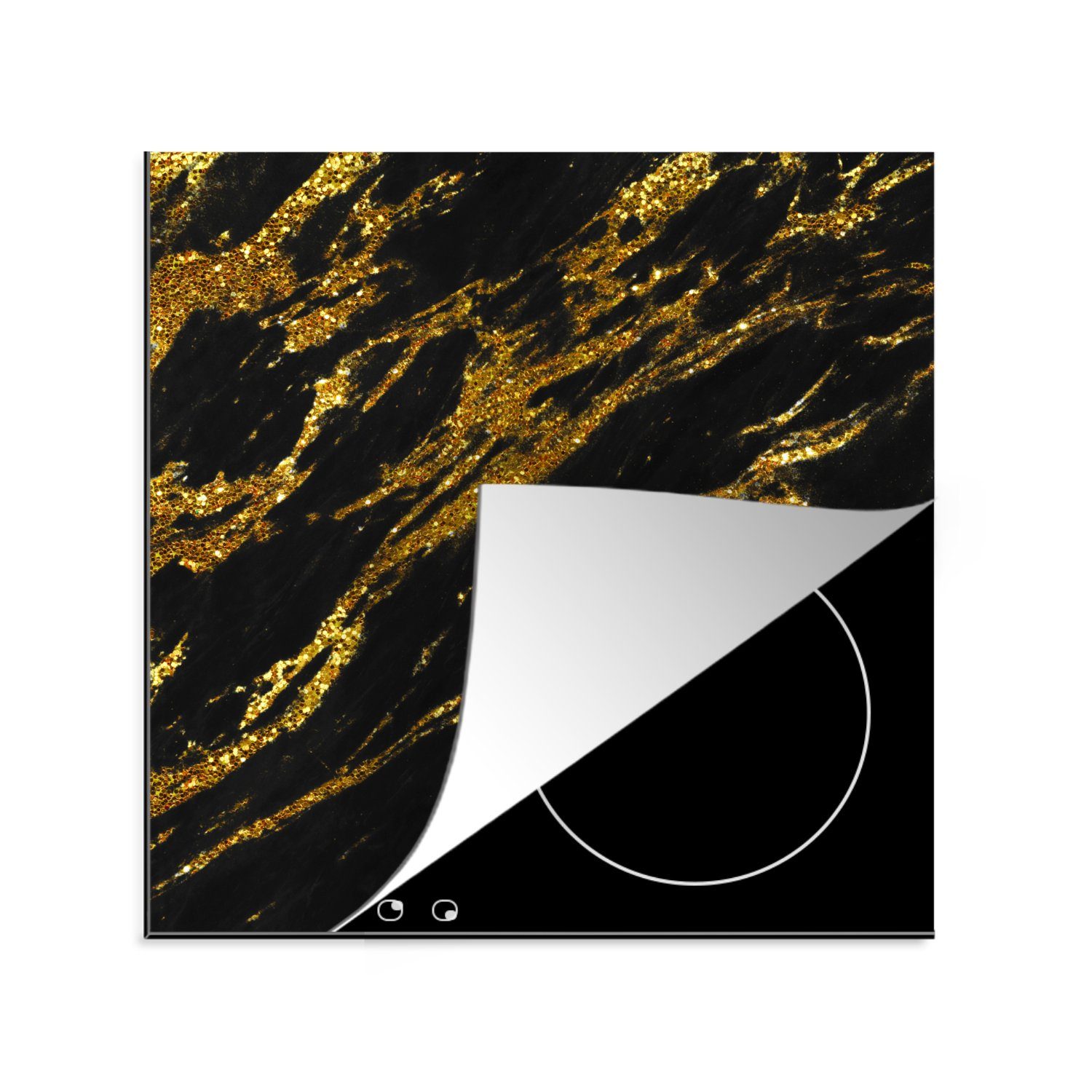 MuchoWow Herdblende-/Abdeckplatte Marmor - Gold - Glitter - Schwarz, Vinyl, (1 tlg), 78x78 cm, Ceranfeldabdeckung, Arbeitsplatte für küche