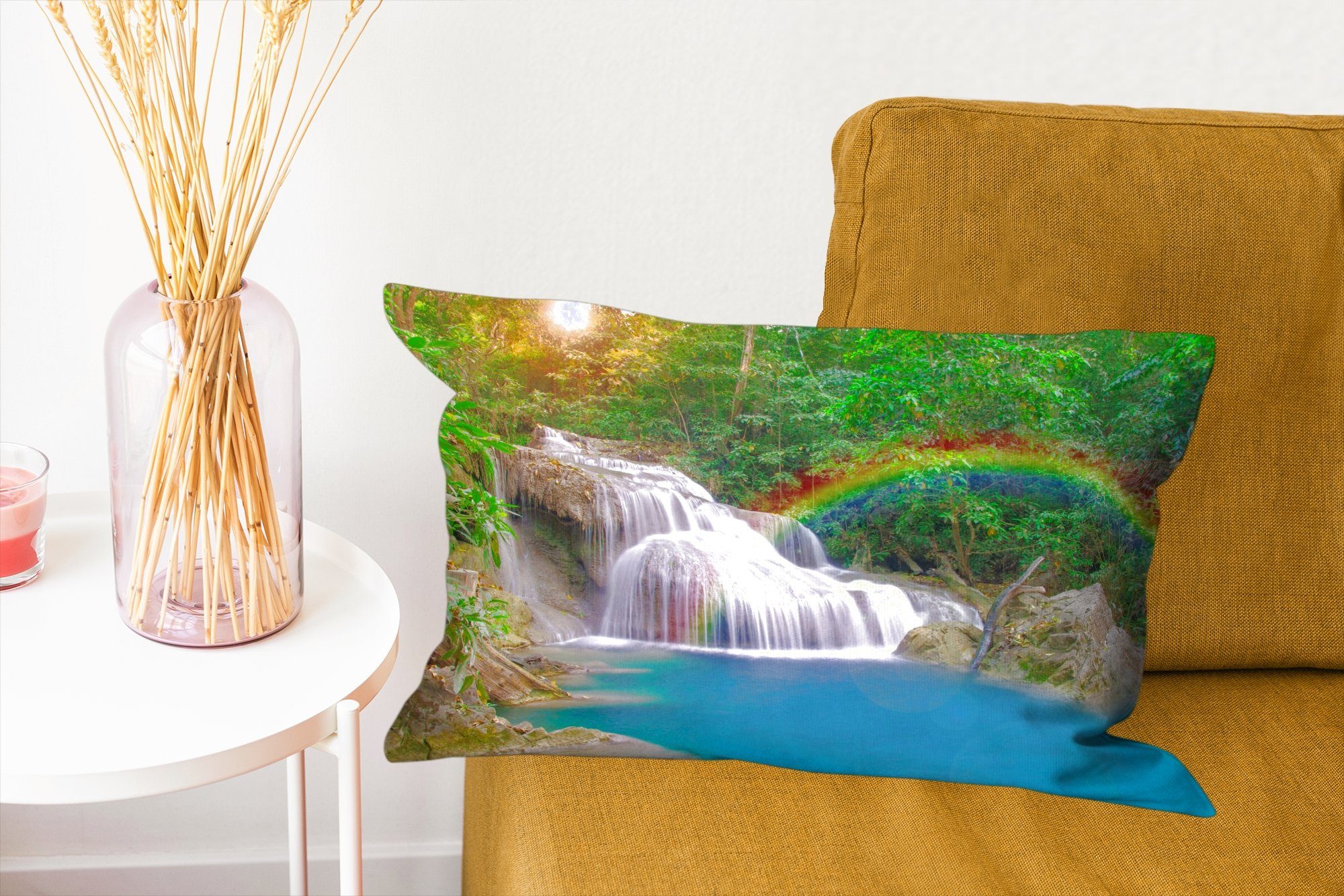 Sonne - mit Wasserfall Natur, Dekoration, - Füllung, Schlafzimmer Regenbogen - Wohzimmer Dekokissen MuchoWow Dekokissen Zierkissen,