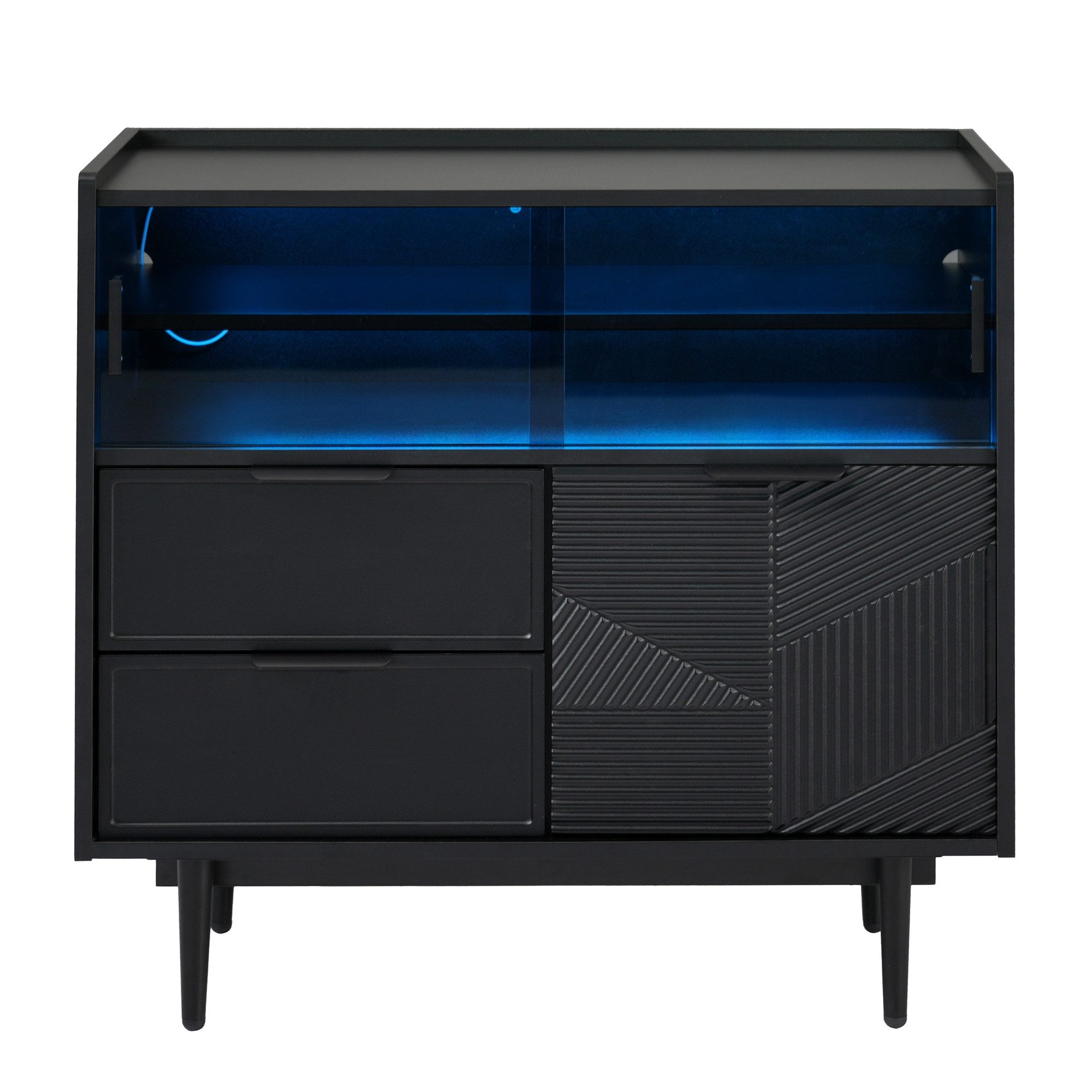 Flieks Sideboard mit 2 Schubladen und 2 Glasschiebetüren (1 St., B80/T35/H80 cm), Kommode mit LED-Beleuchtung Wohnzimmerschrank Schwarz, Metallbeine