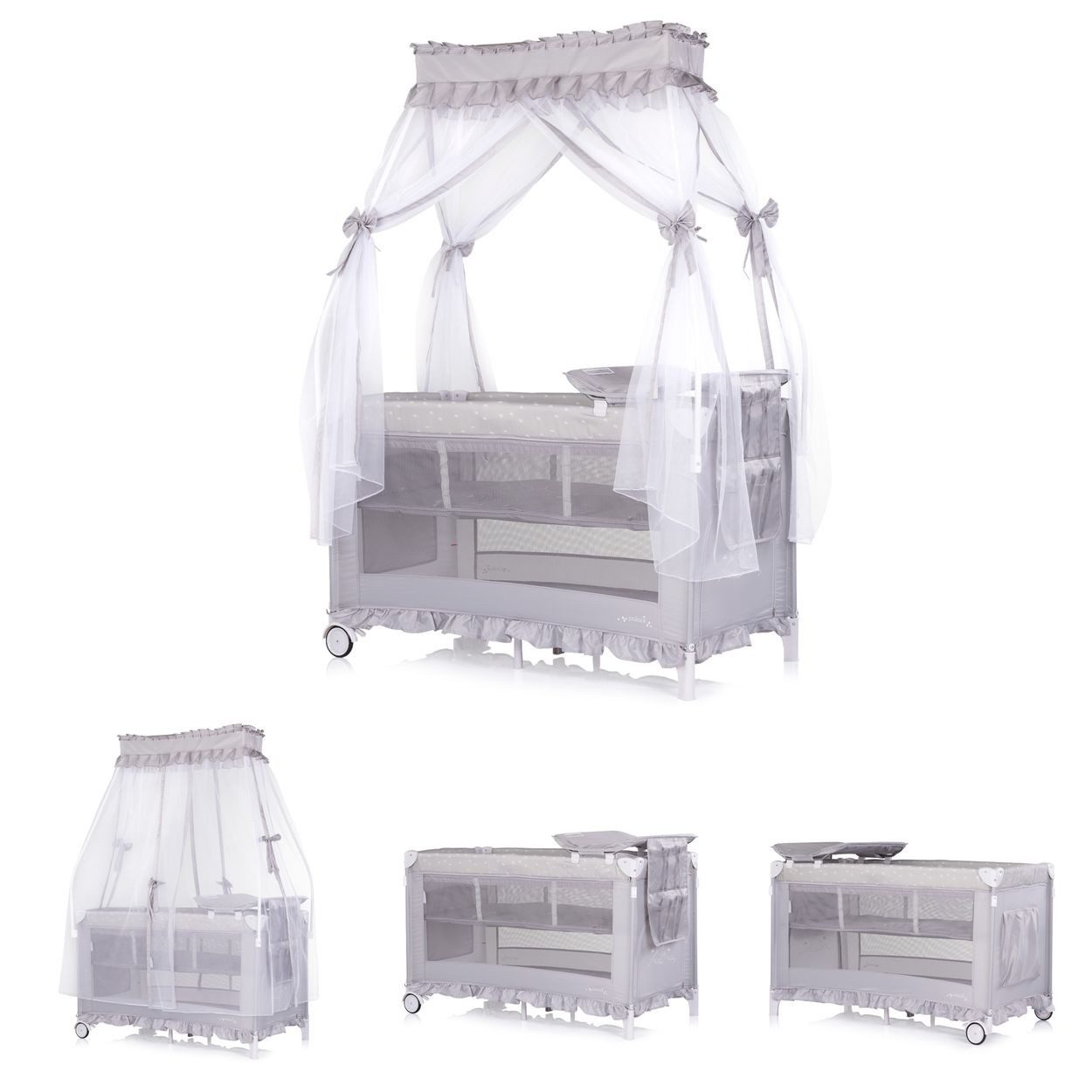 Chipolino Baby-Reisebett Palace, Wickelauflage, Moskitonetz mit Baldachin, Seiteneingang, 2 Ebenen