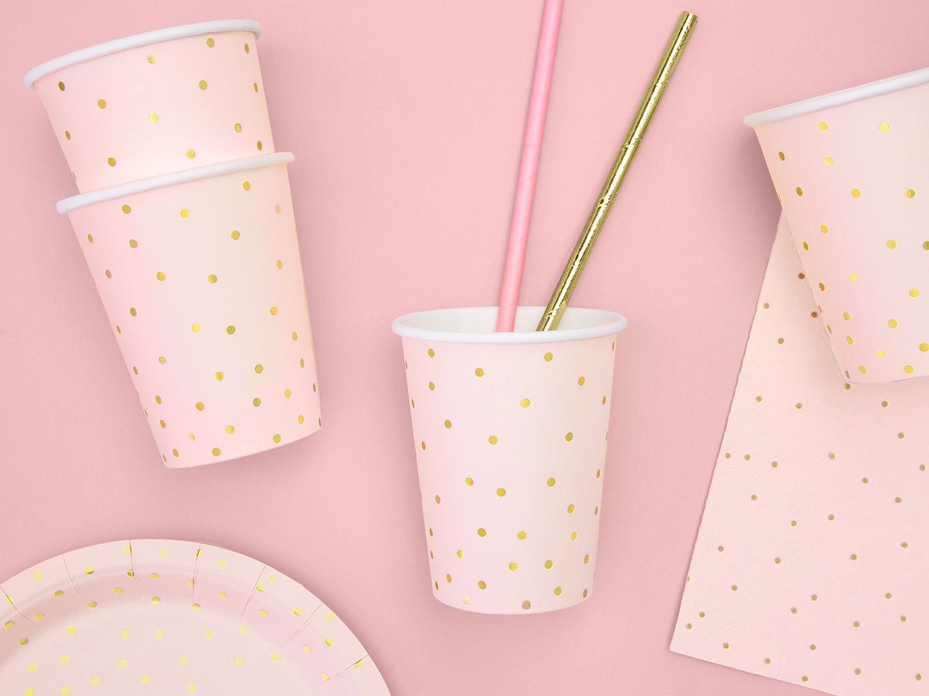 partydeco Einweggeschirr-Set, Papier, Pappbecher Punkte 260ml rosa gold 6er Set
