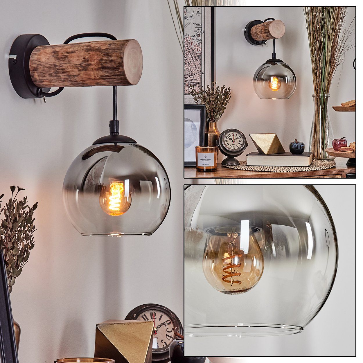 hofstein Wandleuchte Wandlampe aus Metall/Holz/Glas in Schwarz/Natur/Chrom/Klar, ohne Leuchtmittel, Leuchte mit Glasschirm, An/-Auschalter, 1xE27, ohne Leuchtmittel