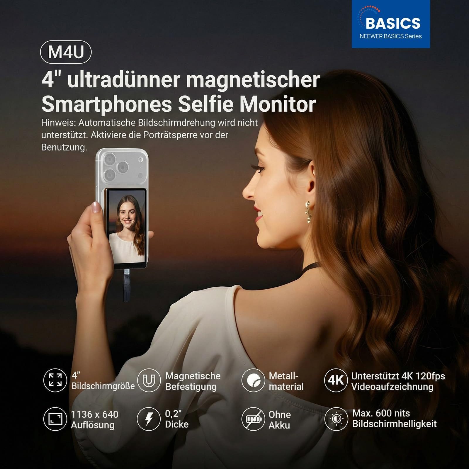 Neewer Kamerazubehör-Set M4U 4" ultradünner magnetischer Vlog Selfie Monitor, Fernbedienung, (Packung, 1 tlg), 600 Nits, für 4K 120 fps kabelgebundene Streaming iPhone 17 16 Serie