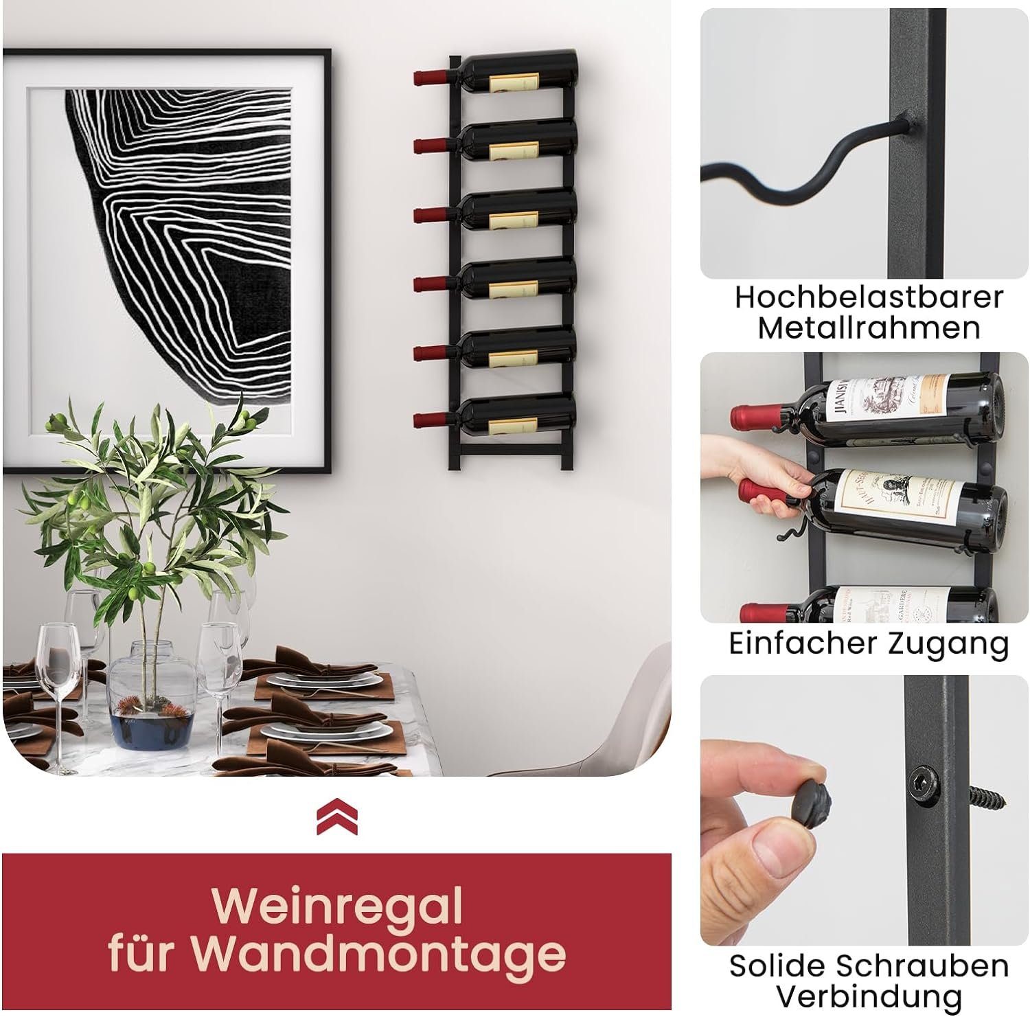 KOMFOTTEU Weinregal Wand-Weinregal, hängendes Flaschenregal, Schwarz – Bild 3 von 5