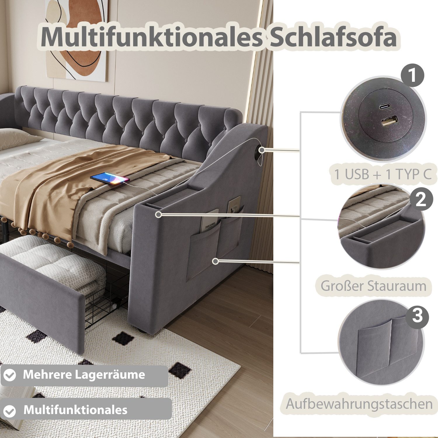 Odikalo Schlafsofa Schlafcouch 90x190 mit Lattenrost & USB Ohne Matratze, Polsterbett Schlafsofa, 90/180*190 cm, Breitere und Dickere Armlehnen mit USB-Ladeansc – Bild 4 von 5