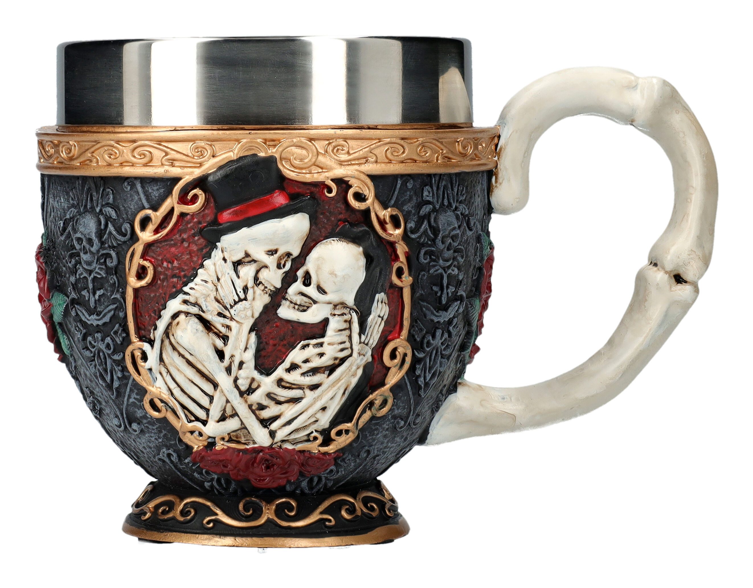Figuren Shop GmbH Tasse Teetasse - Skelett Liebespaar - Fantasy Gothic Kaffeetasse Deko Tasse, Kunststein (Polyresin), Edelstahl