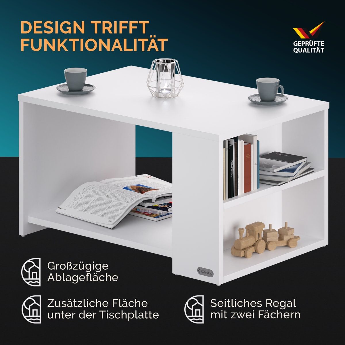 Casaria Couchtisch Santa Cruz, mit Stauraum Holz Weiß Wohnzimmertisch 90x60x50cm Groß Ablage Eckig