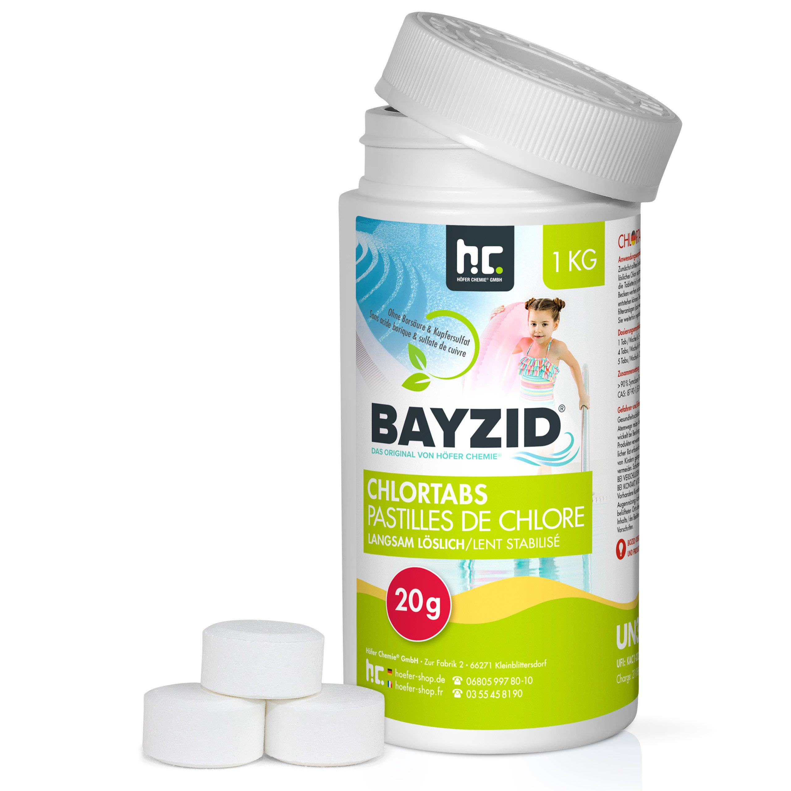 Höfer Chemie GmbH Chlortabletten 1 kg BAYZID® Chlortabs 20g langsam löslich, Für dauerhafte Desinfektion des Poolwassers