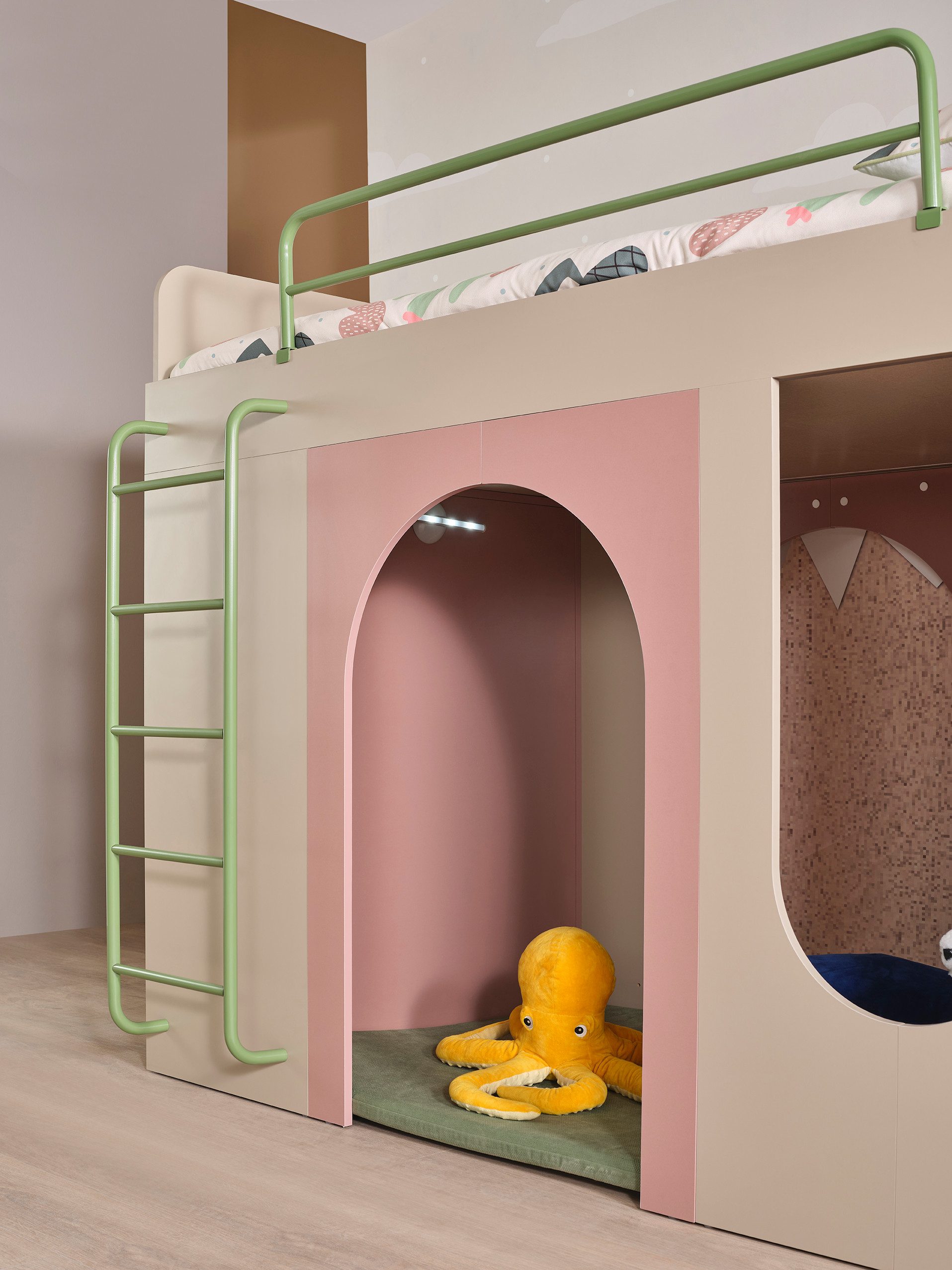 Möbel-Zeit Hochbett NORDIC Halbhochbett – integrierte Spielhöhle & Regalsystem 100x200 cm