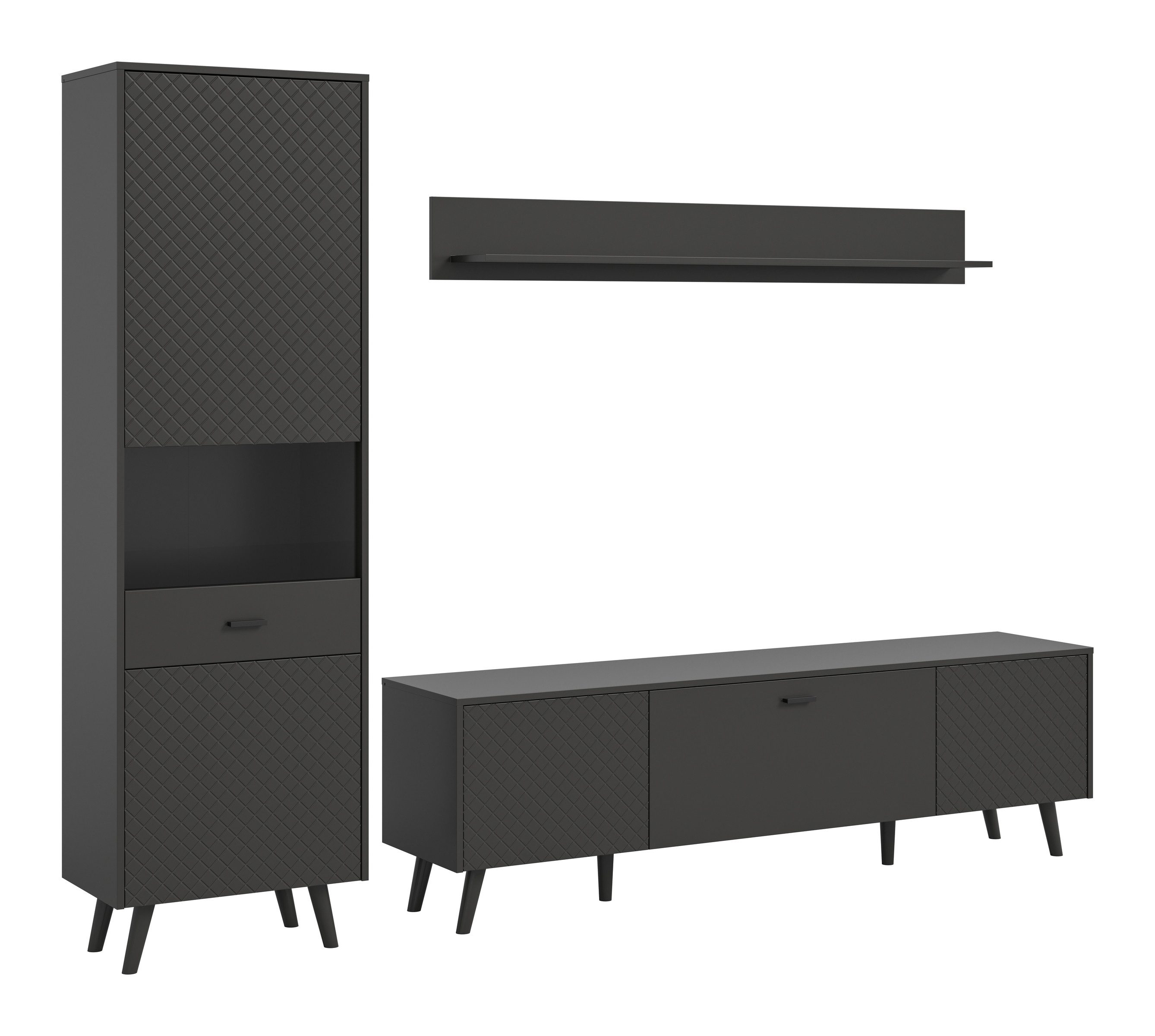 freiraum Wohnwand Linea, (3-teilig), (3-teilig) Vitrine, Lowboard, Wandboard, grau - 258x195x40cm (BxHxT)