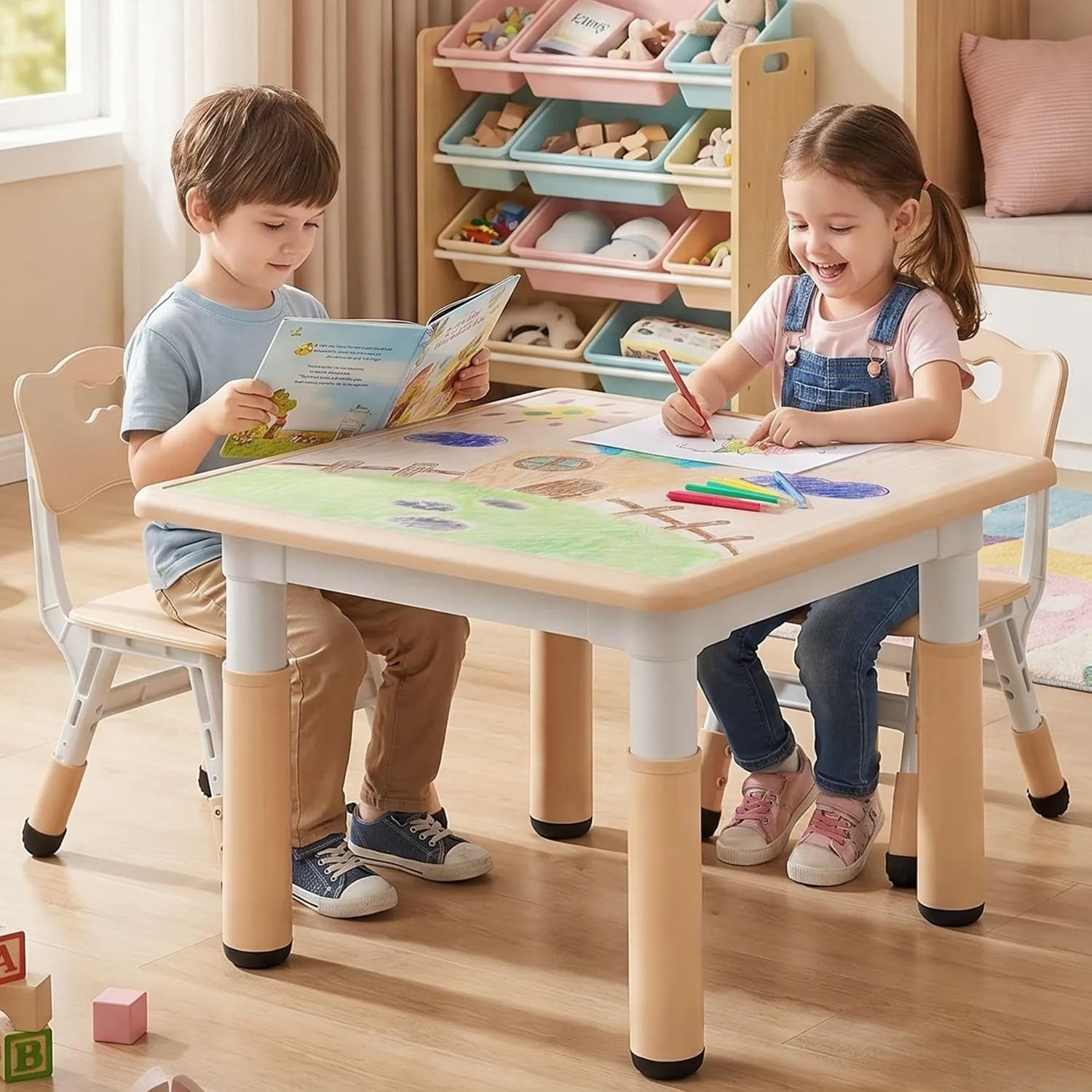 TLGREEN Kindersitzgruppe mit abgerundeten Sicherheitskanten, (3-tlg, multifunktionaler Spiel‑ und Maltisch für Basteln Malen und Lernen), Kindermöbel Plastik, Sitzgruppe Höhenverstellbar