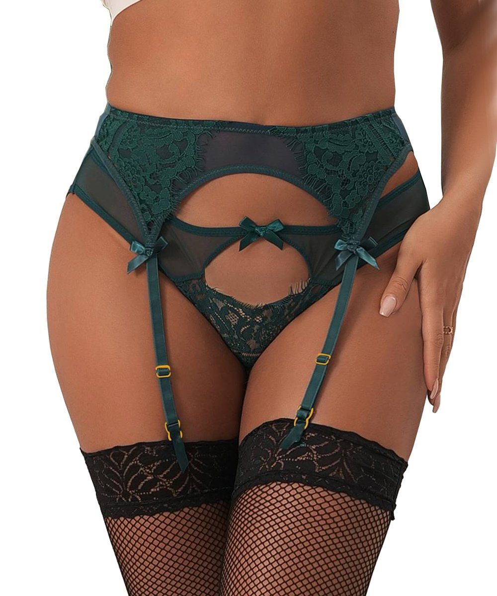 Lau-Fashion Strapsgürtel Strumpfhalter Unterwäsche Grün Spitze Dessous Hüfthalter Slip S/XL