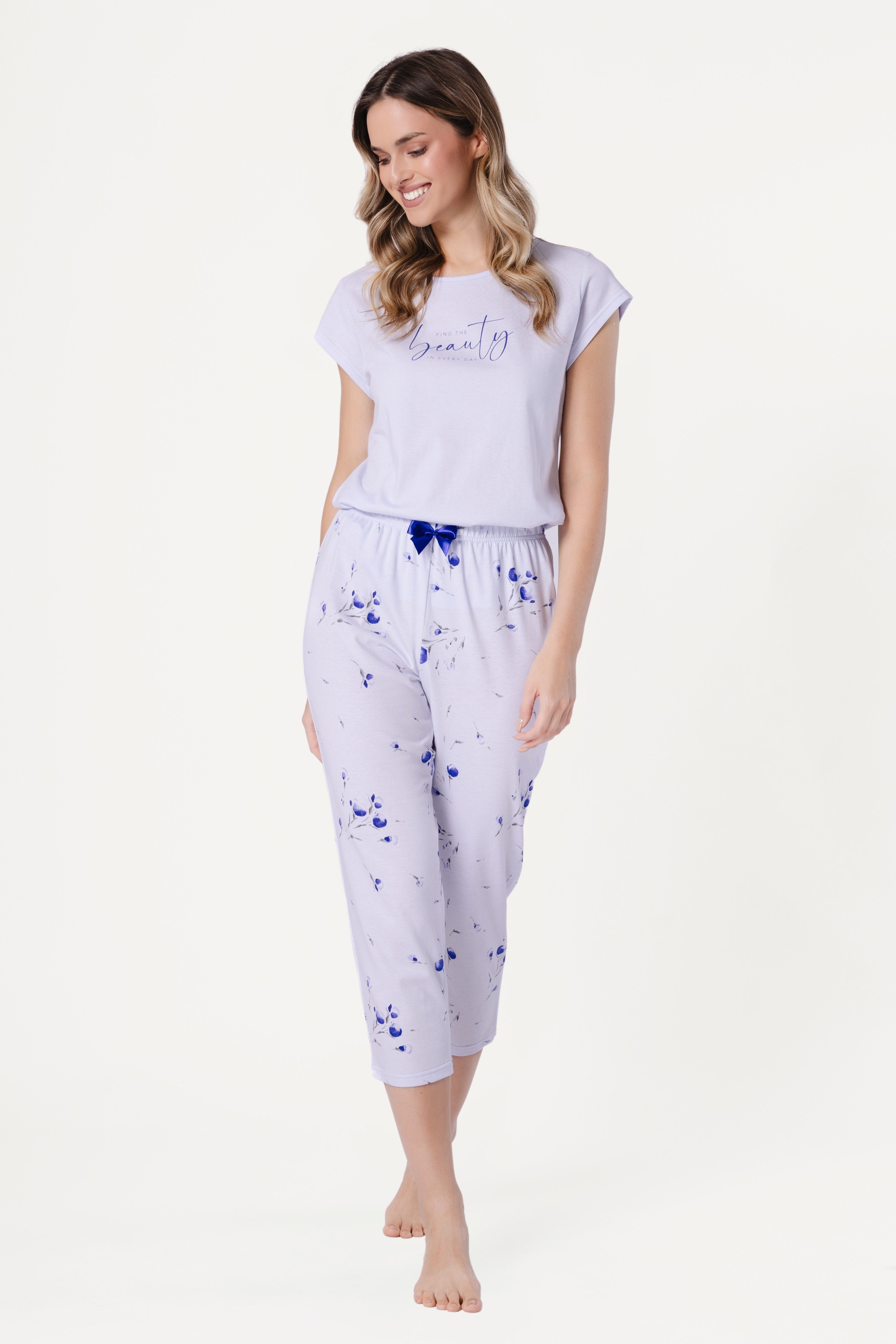 COOLISMO NIGHTWEAR Capri-Pyjama Sommer Baumwolle-Schlafanzug (2 tlg) weiches 3/4 Pyjama-Set in Lavendel mit Flügelarm & Motiv-Druck – Bild 3 von 5