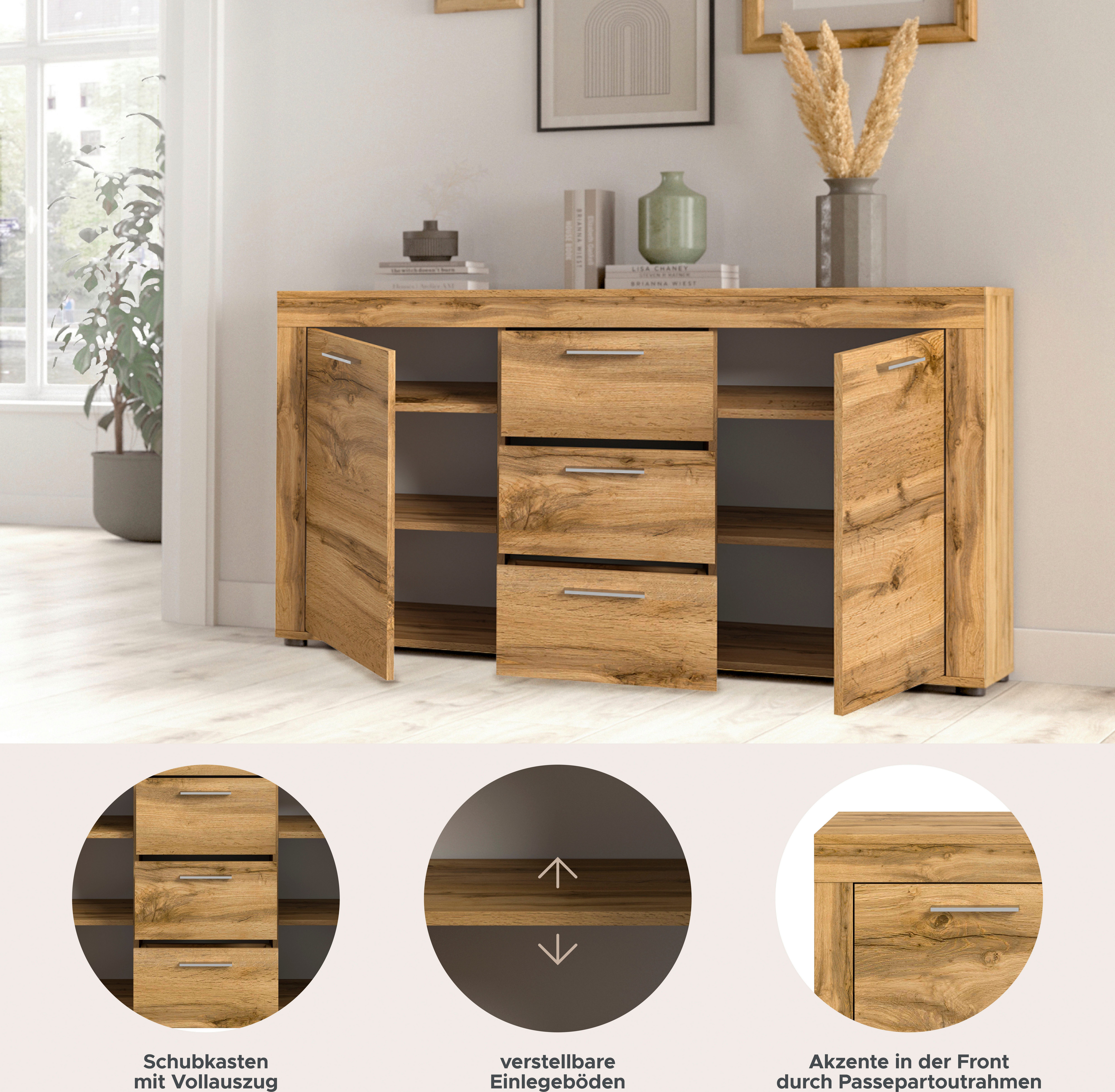 OTTO home Sideboard AOSTA, Breite 125 cm, 2 Türen, 3 Schubkästen, 4 Fachböden (in verschiedenen Farbausführungen, individuell kombinierbar), Kommode, Schrank, Anrichte, Standschrank, Board, Wohnzimmer