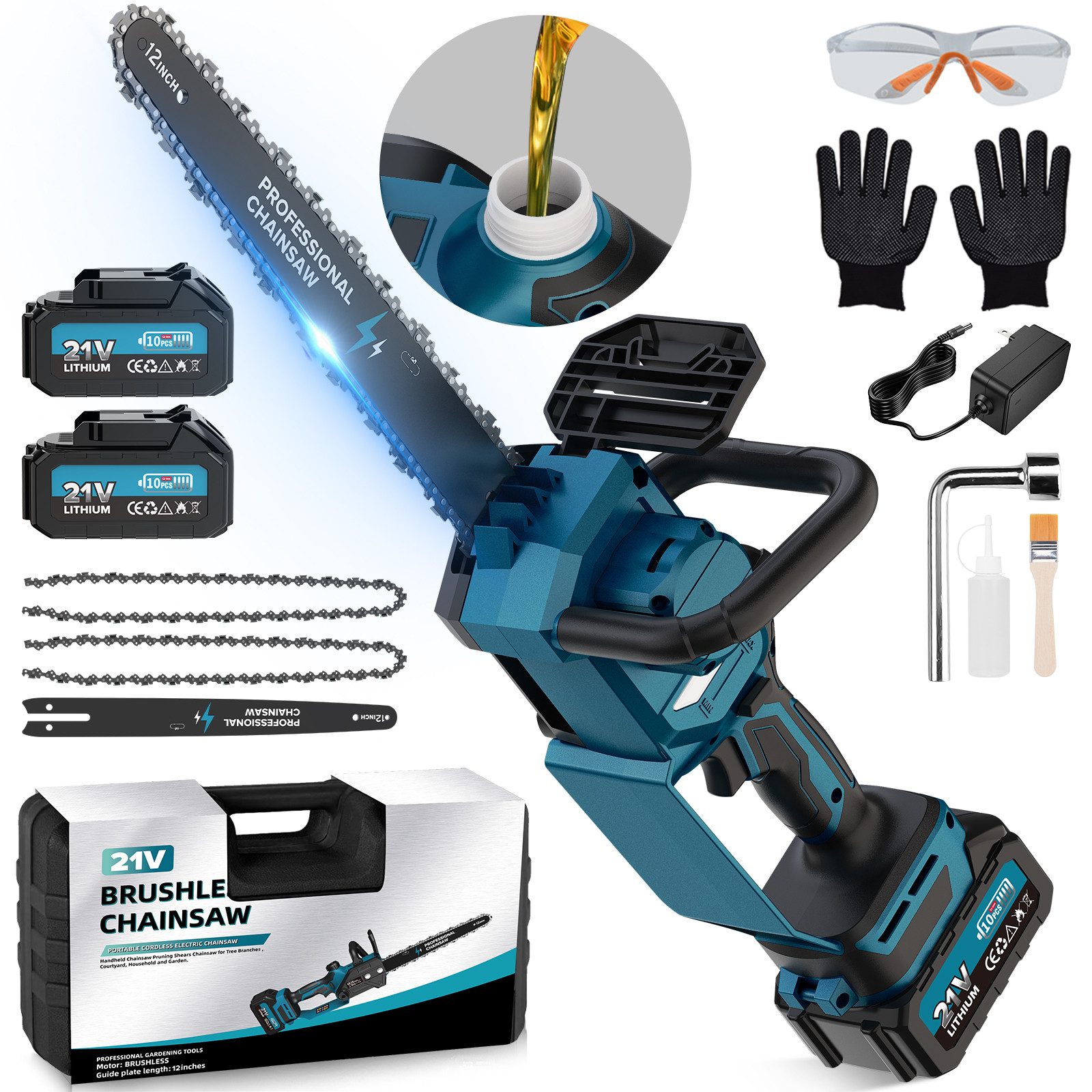Rinoxar Akku-Kettensäge 12 Zoll Akku Kettensäge, 1800W Kabellose Elektrokettensäge mit 2 akku, 30 cm Schwertlänge, Kabellose Astsäge für Gartengeräte, Holzschneiden, Heimwerken