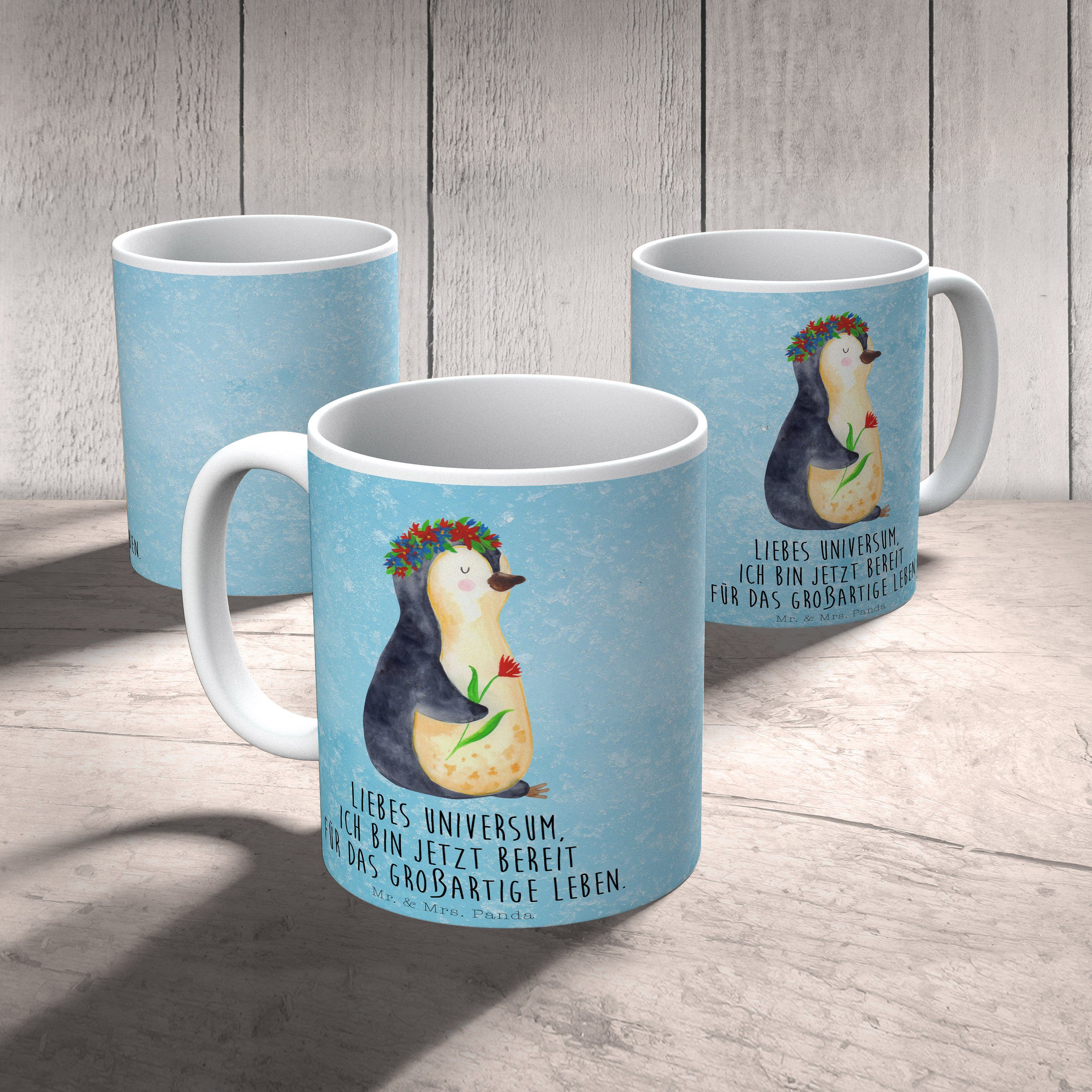 Eisblau & Keramik - - Blumenkranz Tasse Geschenk, Panda Mrs. Porzellantasse, Motivation, Mr. Pinguin