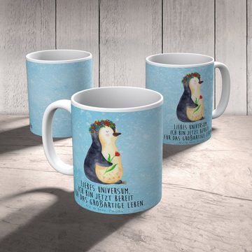 Mr. & Mrs. Panda Tasse Pinguin Blumen - Eisblau - Geschenk, Motivation, Porzellantasse, Blum, Keramik, Herzberührende Designs