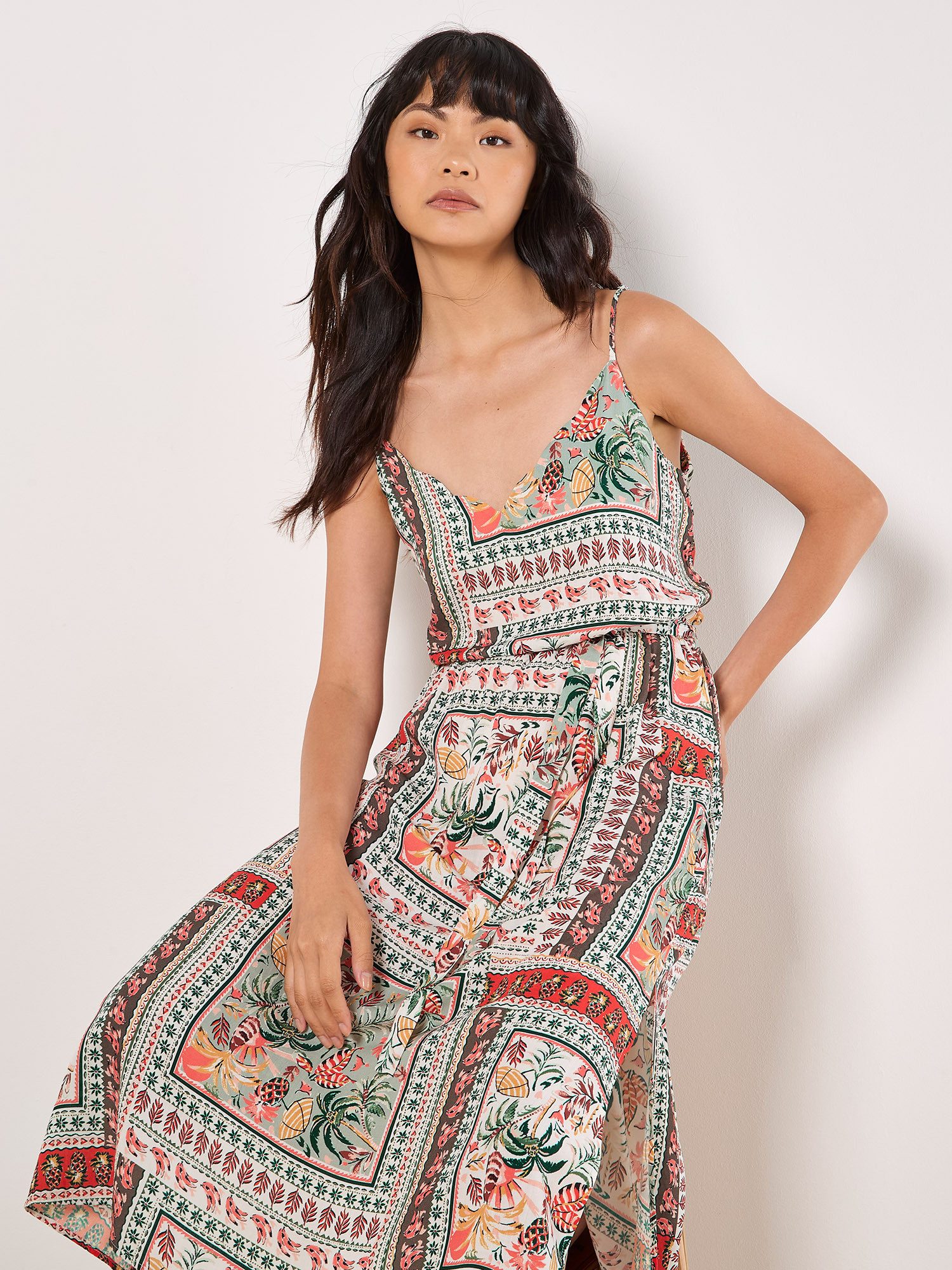 Apricot Midikleid Tropisches Cami-Kleid mit Schaldruck