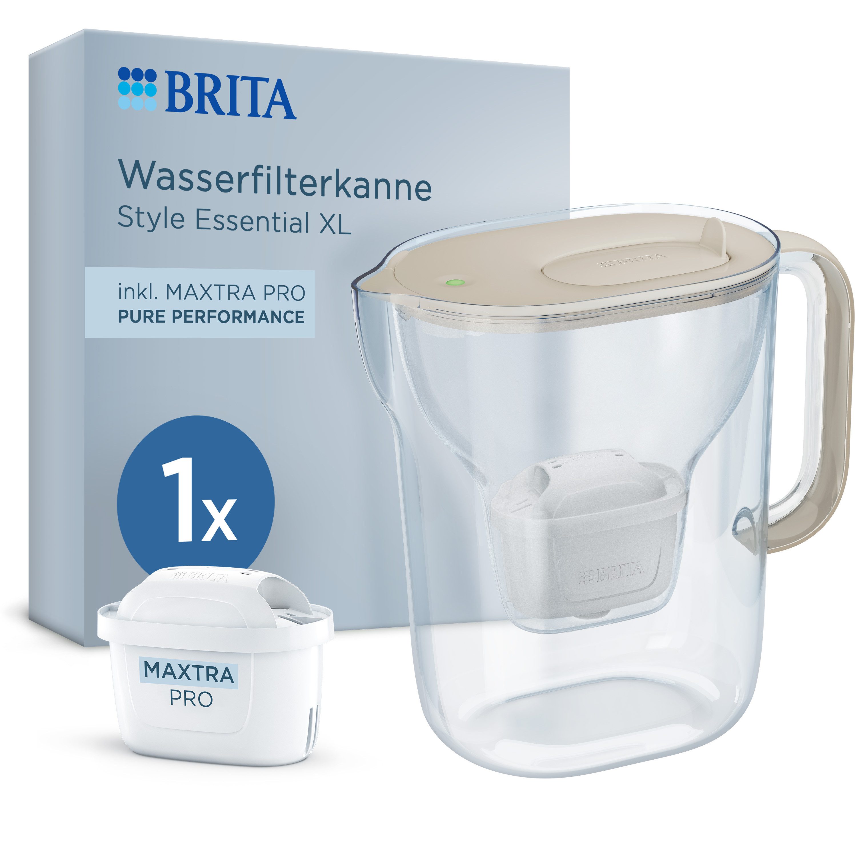 BRITA Wasserfilter Kanne Style Essential XL sand 3,6L inkl. 1 MAXTRA PRO Pure Performance, Große Filterkanne, Filterwechselanzeige, reduziert PFAS, Kalk & mehr