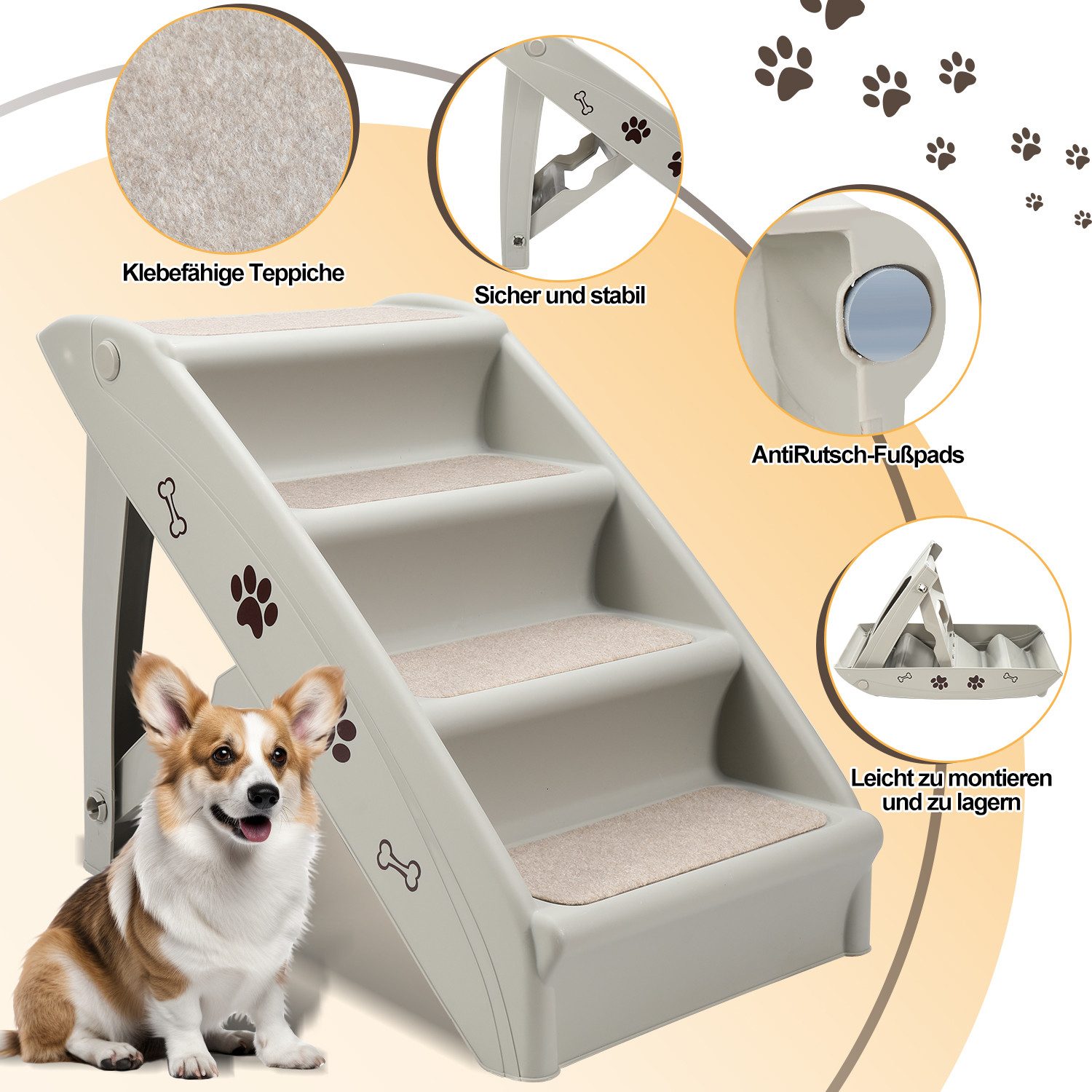 Clanmacy Haustiertreppe 4-Stufige Hundetreppe Hunderampe Haustiertreppe bis 75 kg Klappbar, Anti Rutsch
