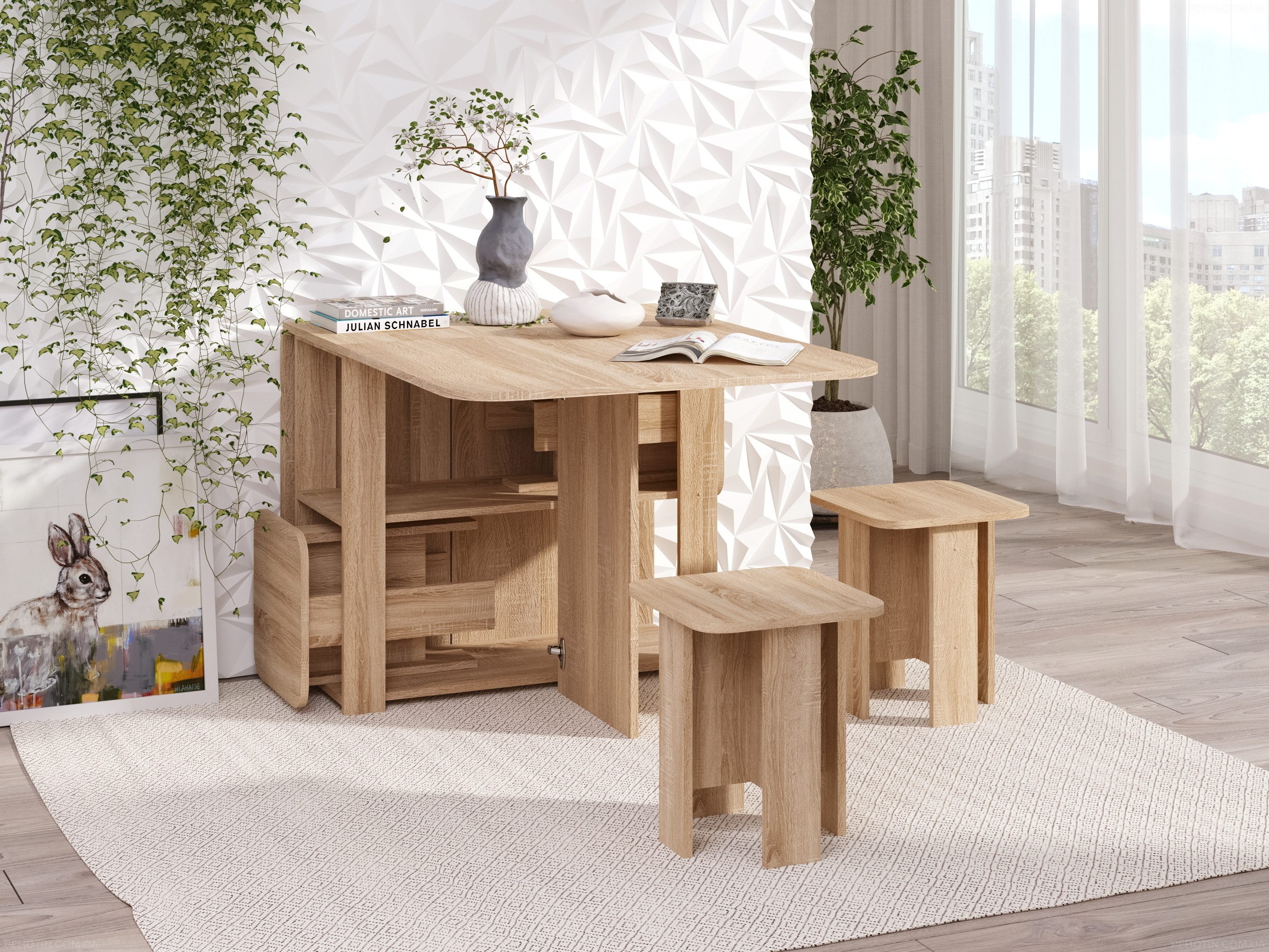 Rodnik Essgruppe Klapptisch Hocker Set 5-in-1, (5-tlg), Tisch-Transformer, kompakt & funktional, Hocker im Tisch verstaubar