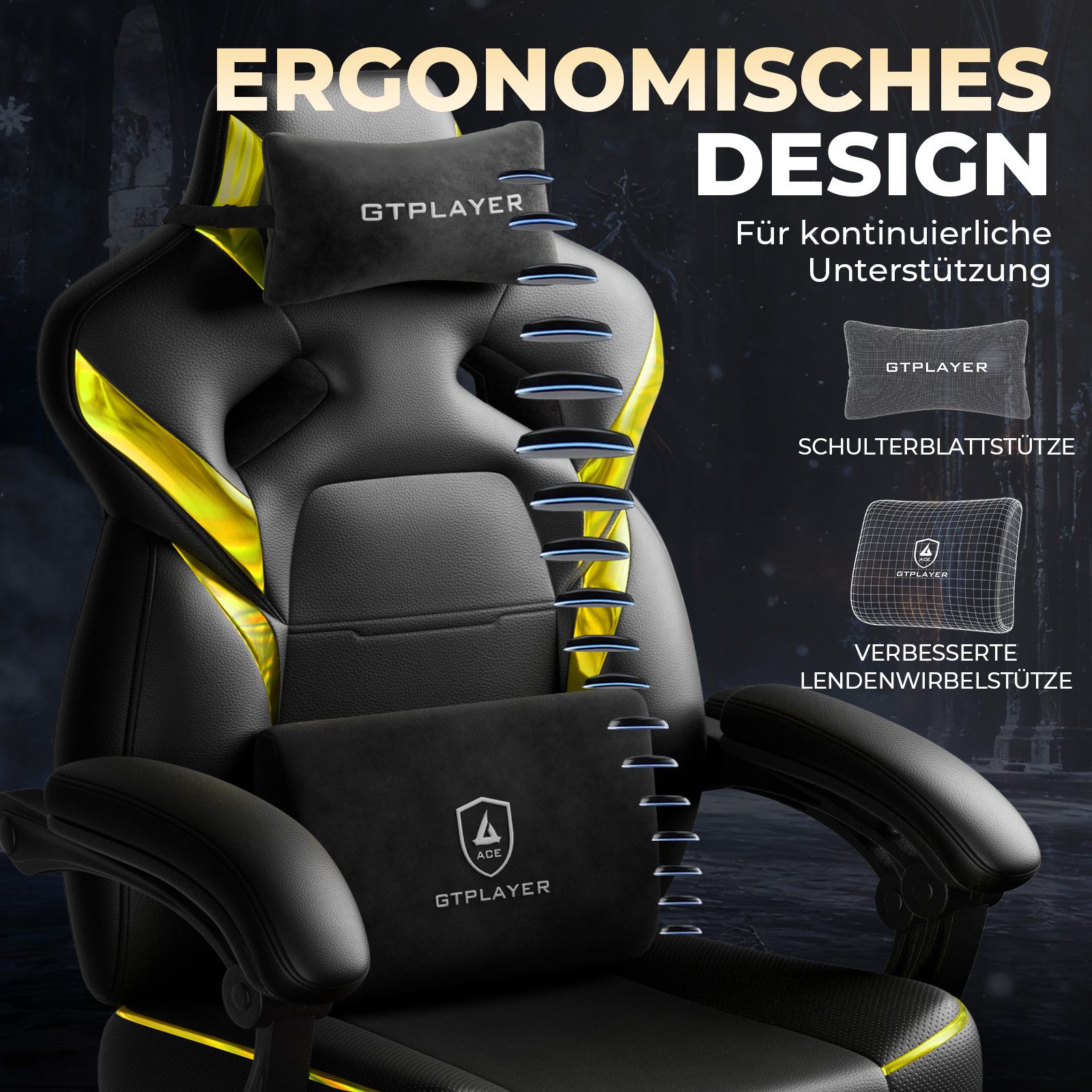 GTPLAYER Gaming-Stuhl Gamer Sessel Gamer Stuhl mit Fußstütze Lendenkissen Kopfstütze, Verstellbaren Armlehnen mit Fußstütze Gamingstuhl 150 Kg Drehbarer