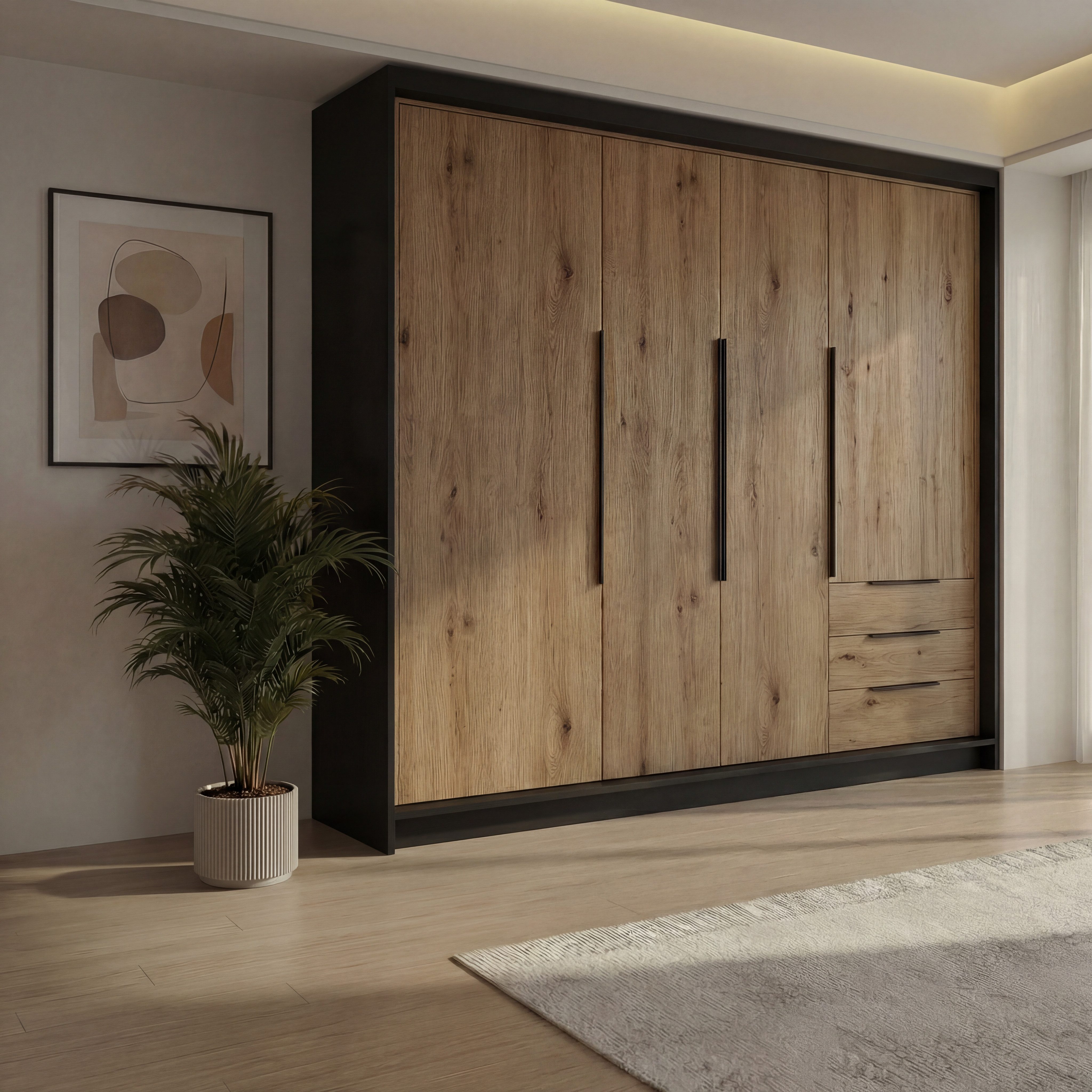 A&J MöbelLand GmbH Drehtürenschrank viertüriger Kleiderschrank mit Schubladen und Metallgriffen. (Geräumiger vier¬türiger Kleiderschrank mit Schubladen und Metallgriffen. Geräumiger Schrank mit einer Breite von 200 cm und Schubladen, ideal zur Aufbewahrung von Kleidung und Accessoires. Viel Stauraum. TOP PRODUKT! Wählen Sie das ideale Modell für Ihr Schlafzimmer!, TOP ANGEBOT) Breite: 200 cm, Höhe: 215 cm, Tiefe: 59,5 cm