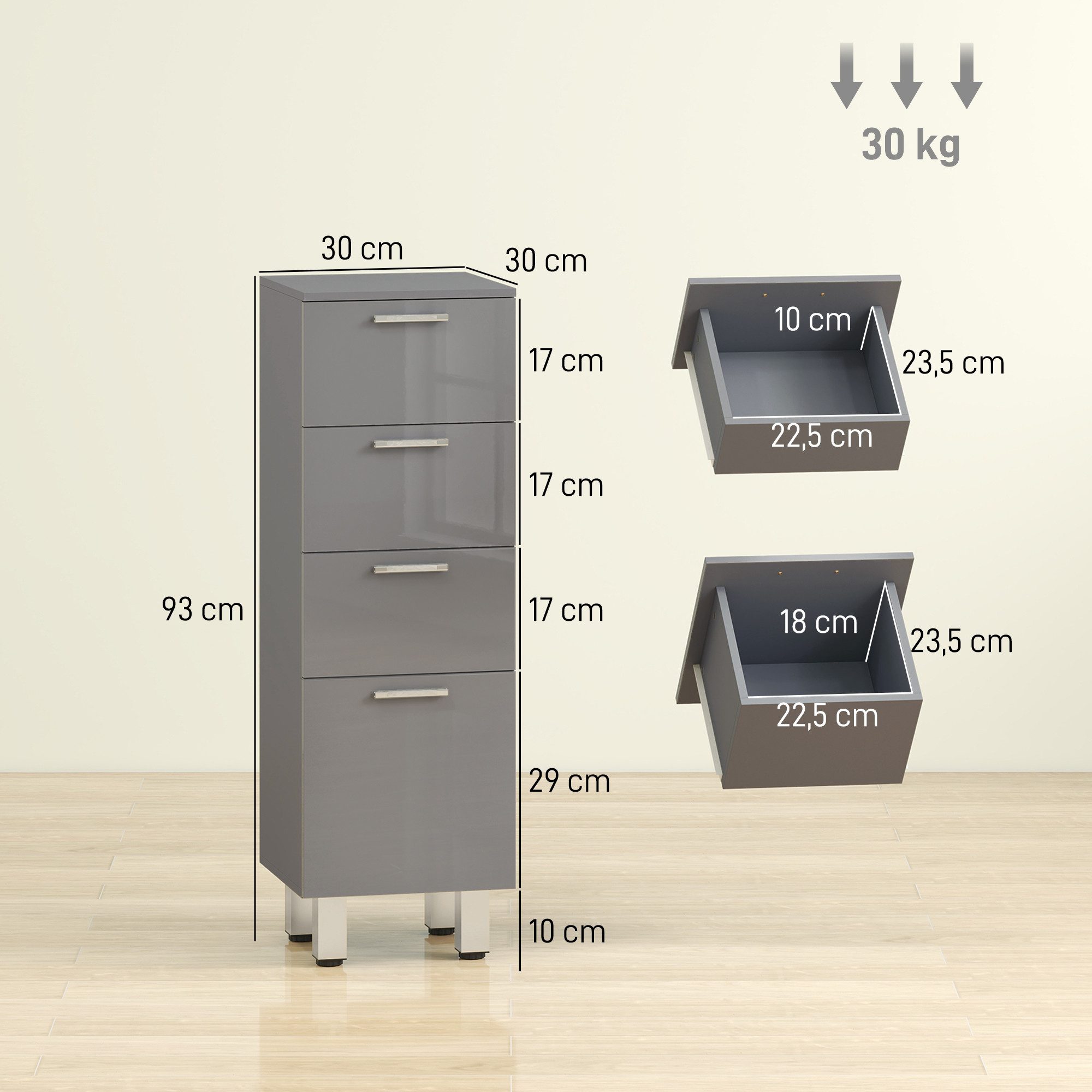 Kleankin Badkommode verstellbar Regal Toilettenschrank (Badezimmer-Aufbewahrungsschrank, 1 St., mit Schublade, verstellbare Füße), 30 x 30 x 93 cm, Grau